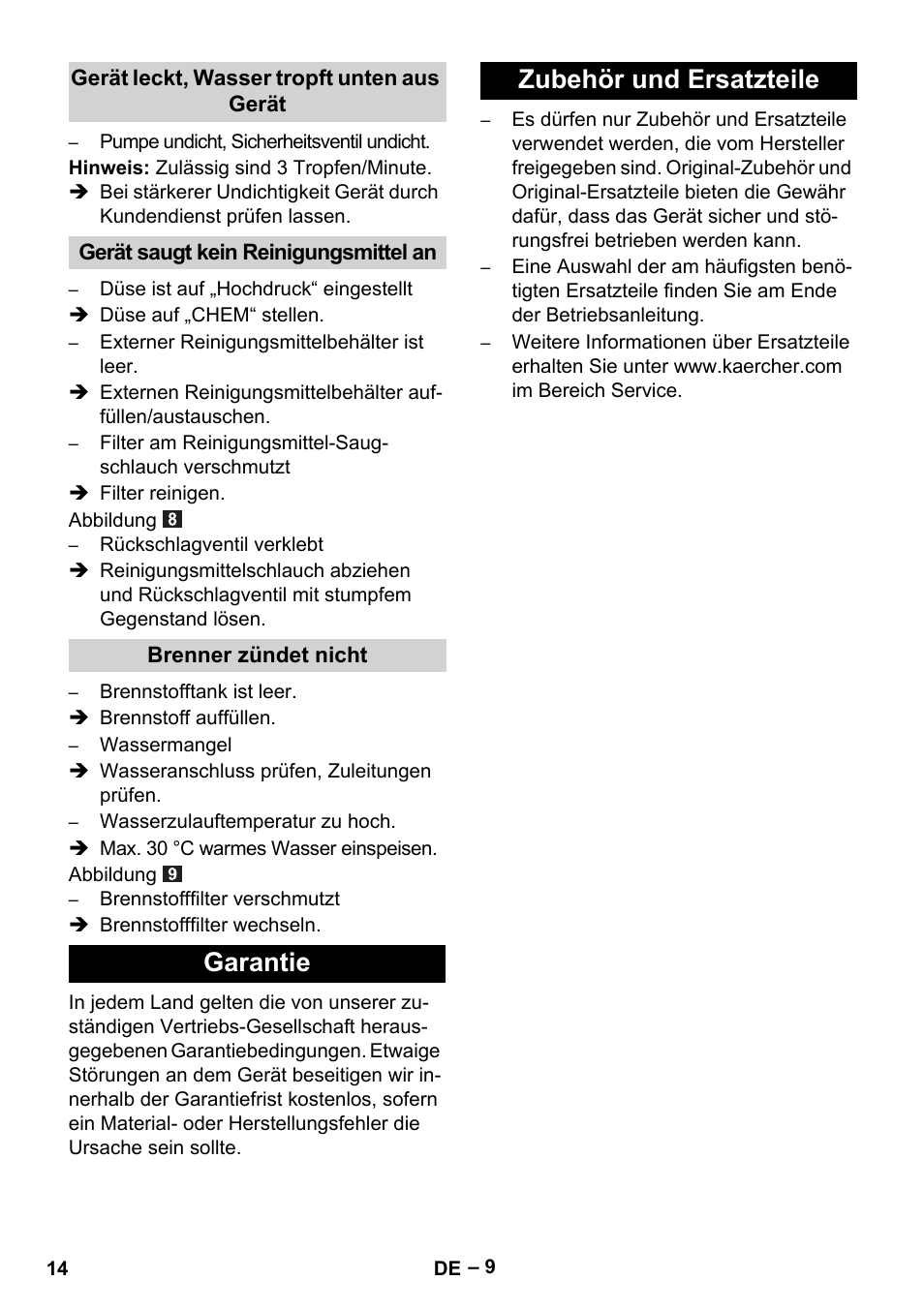 Garantie zubehör und ersatzteile | Karcher HDS 5/11 U/UX User Manual | Page 14 / 296