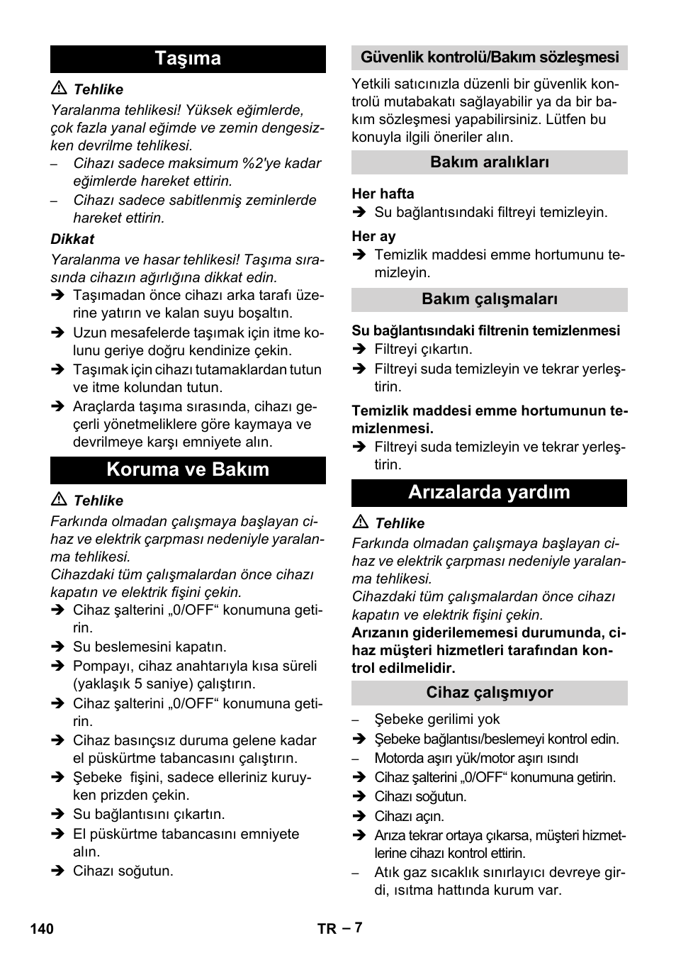 Taşıma koruma ve bakım, Arızalarda yardım | Karcher HDS 5/11 U/UX User Manual | Page 140 / 296