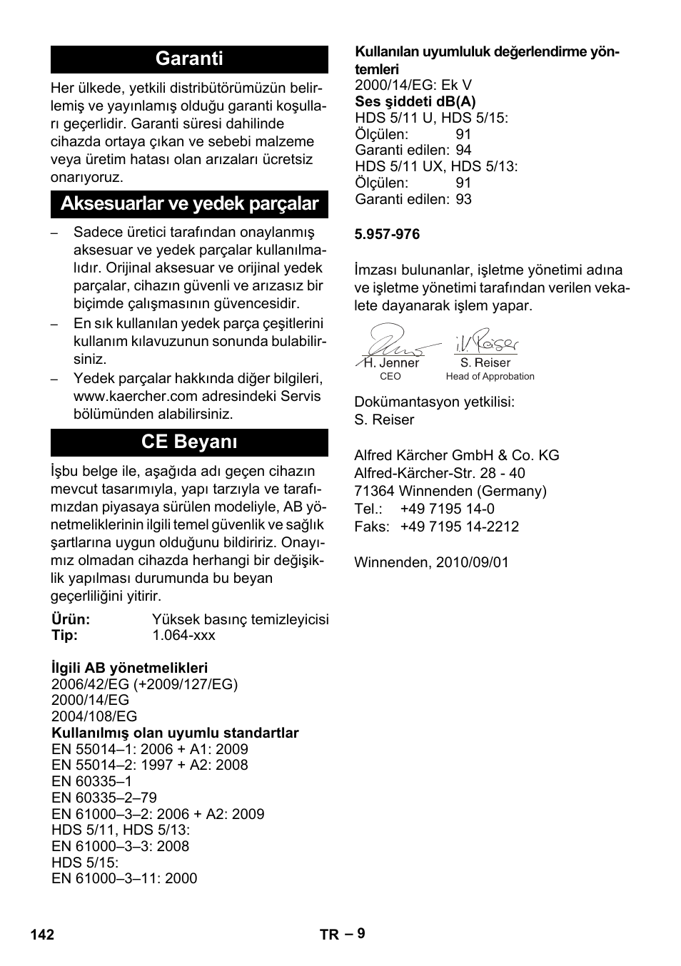Garanti aksesuarlar ve yedek parçalar ce beyanı | Karcher HDS 5/11 U/UX User Manual | Page 142 / 296