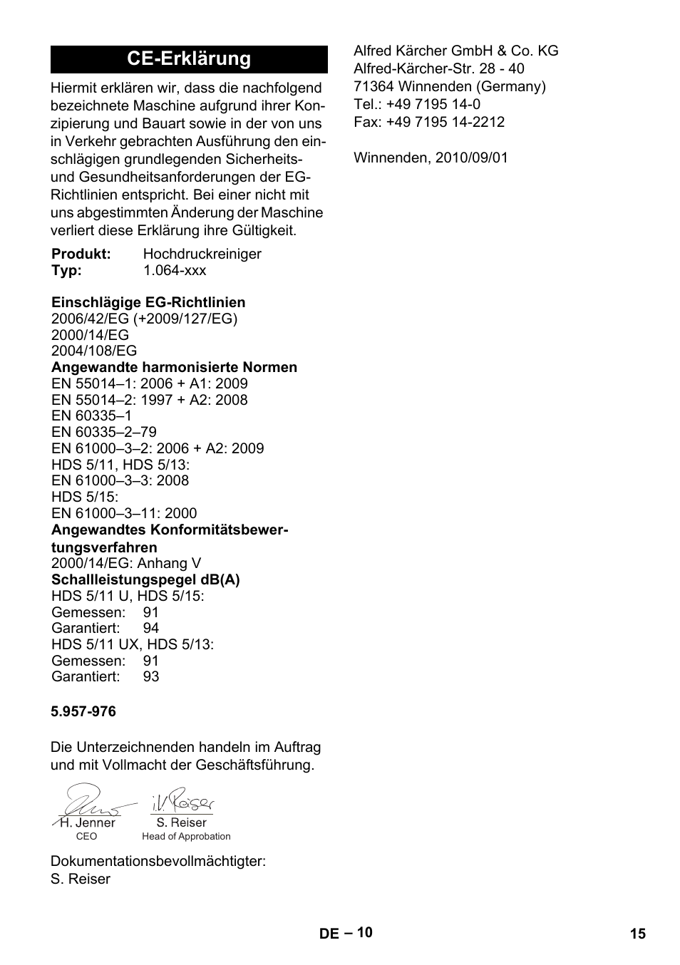 Ce-erklärung | Karcher HDS 5/11 U/UX User Manual | Page 15 / 296