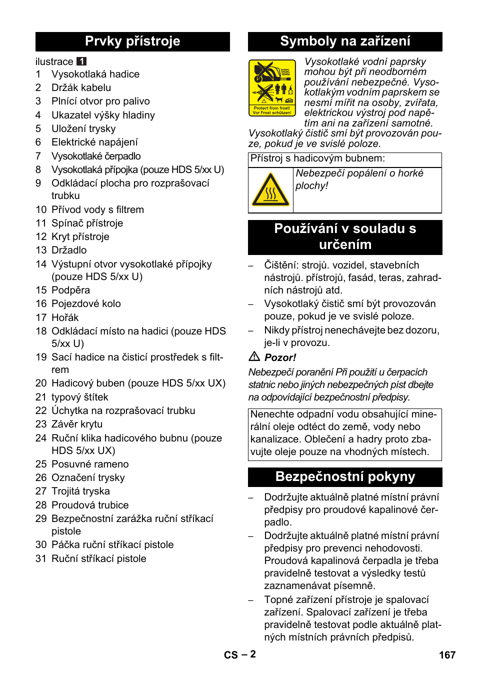 Prvky přístroje symboly na zařízení, Používání v souladu s určením, Bezpečnostní pokyny | Karcher HDS 5/11 U/UX User Manual | Page 167 / 296