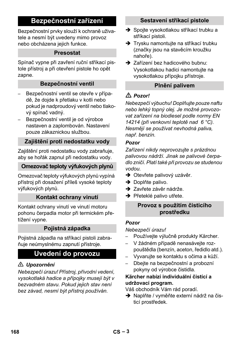 Bezpečnostní zařízení, Uvedení do provozu | Karcher HDS 5/11 U/UX User Manual | Page 168 / 296