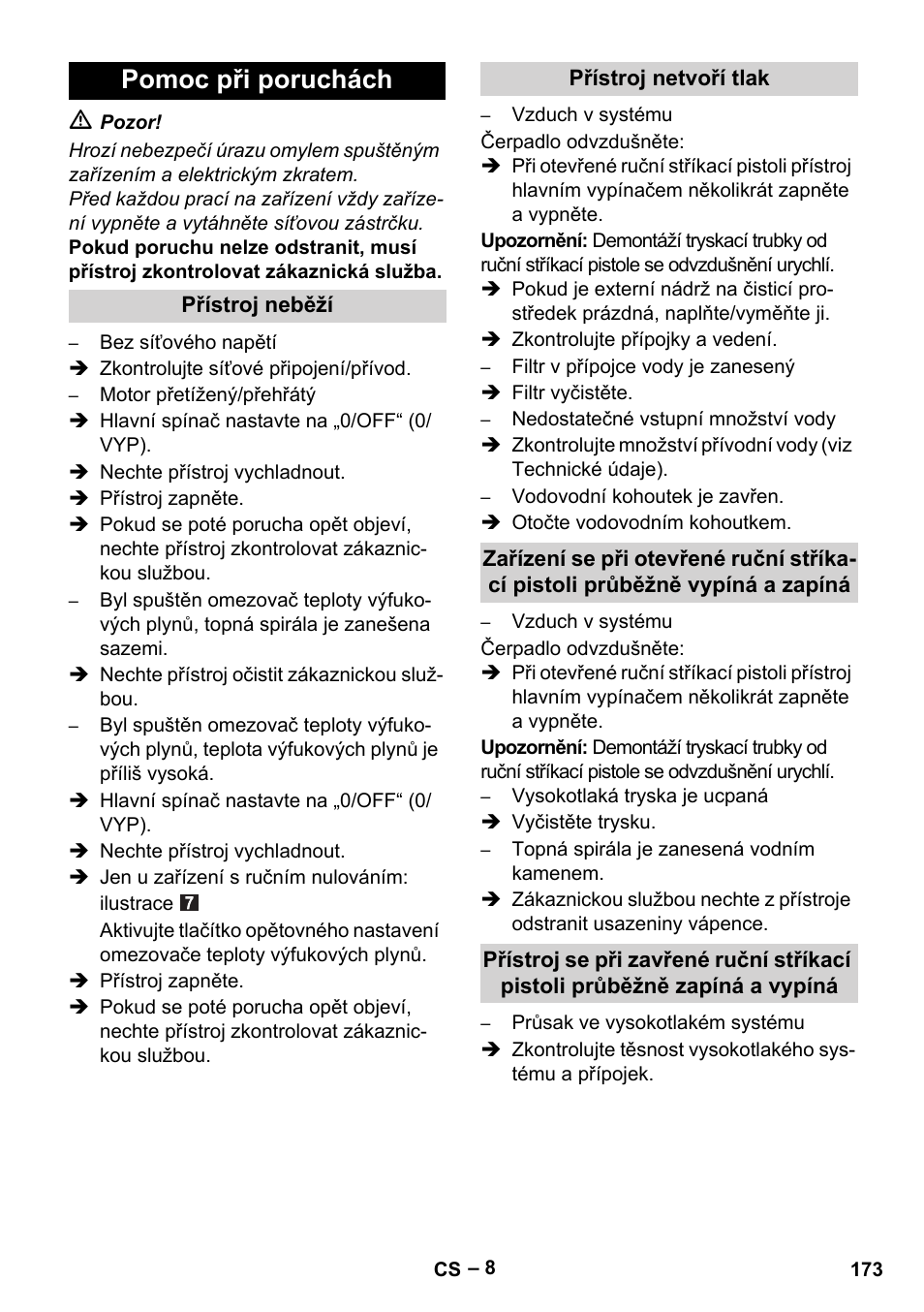 Pomoc při poruchách | Karcher HDS 5/11 U/UX User Manual | Page 173 / 296