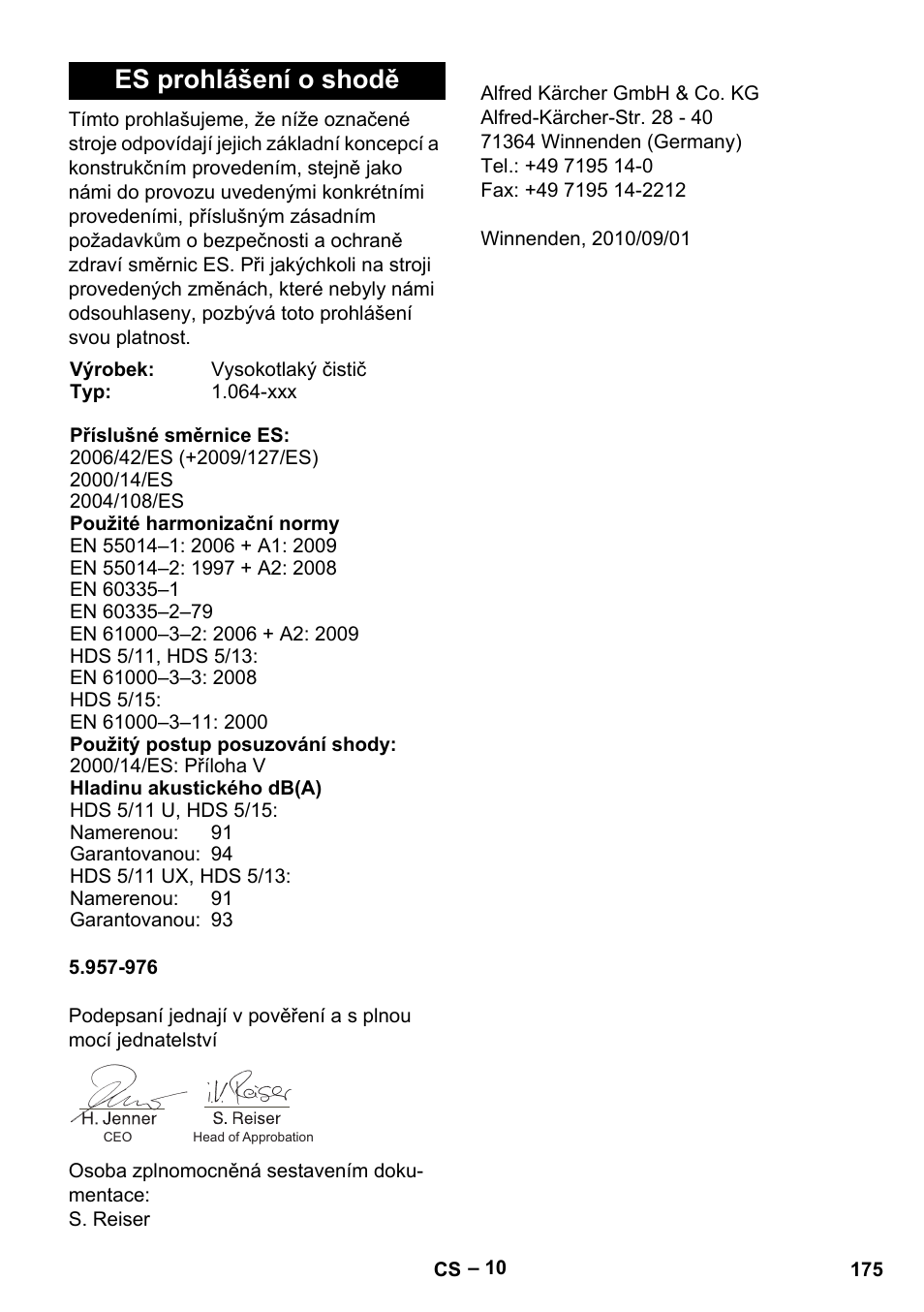 Es prohlášení o shodě | Karcher HDS 5/11 U/UX User Manual | Page 175 / 296