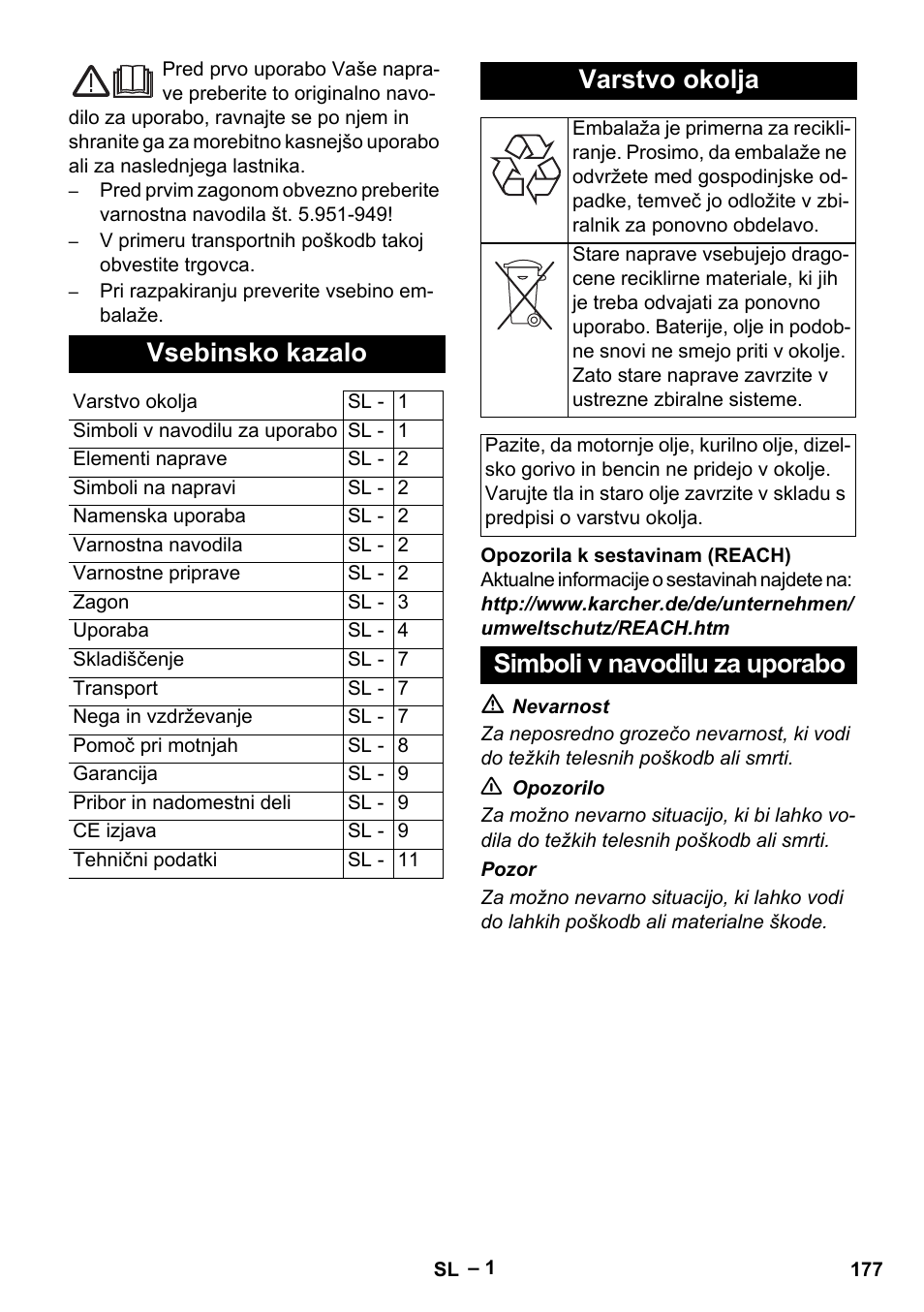 Slovenščina, Slovenšina, Vsebinsko kazalo | Varstvo okolja, Simboli v navodilu za uporabo | Karcher HDS 5/11 U/UX User Manual | Page 177 / 296