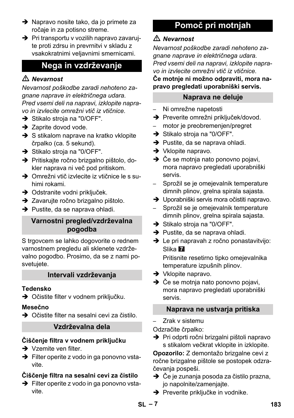 Nega in vzdrževanje, Pomoč pri motnjah | Karcher HDS 5/11 U/UX User Manual | Page 183 / 296