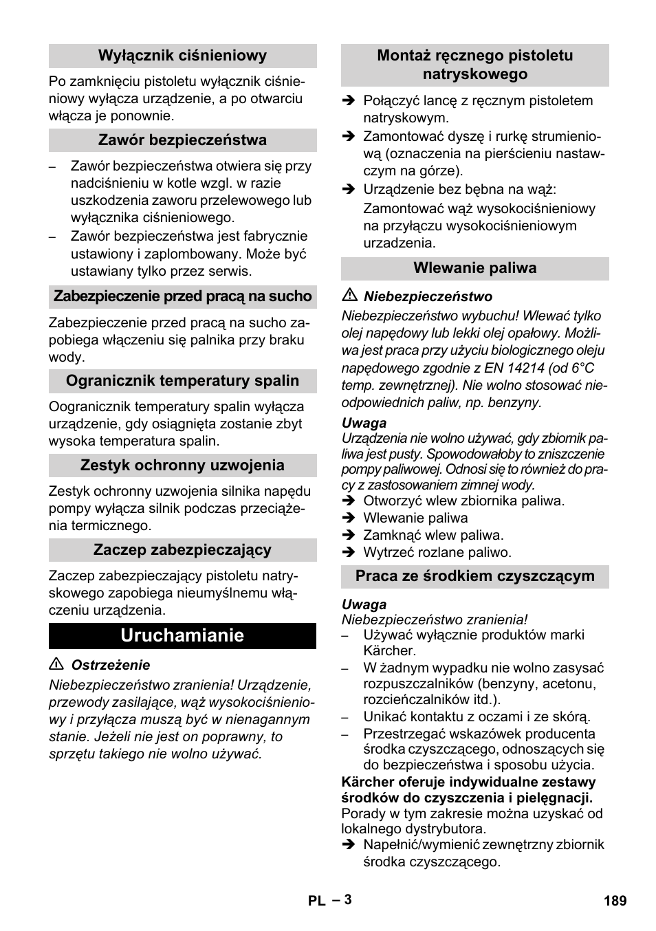 Uruchamianie | Karcher HDS 5/11 U/UX User Manual | Page 189 / 296