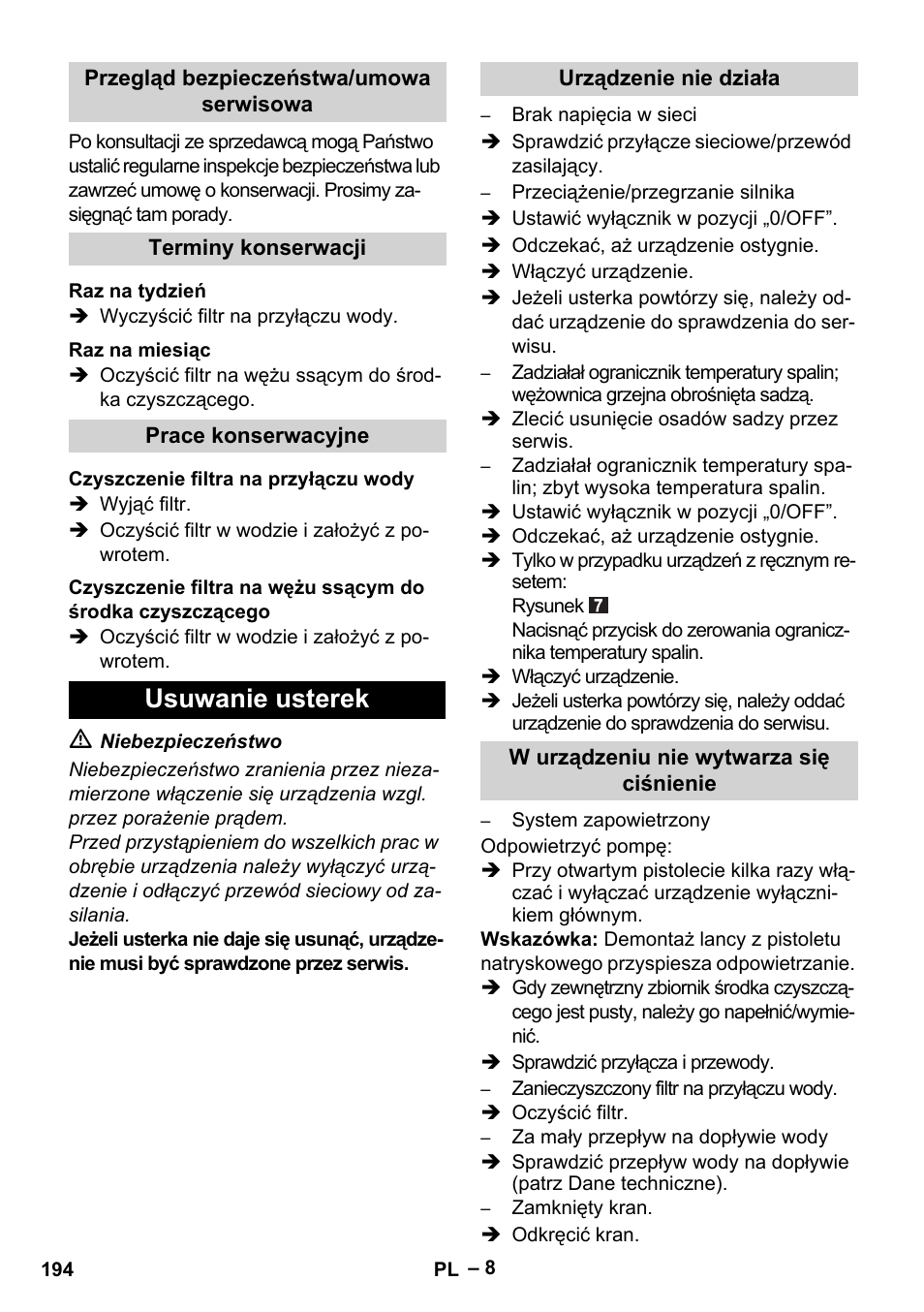 Usuwanie usterek | Karcher HDS 5/11 U/UX User Manual | Page 194 / 296