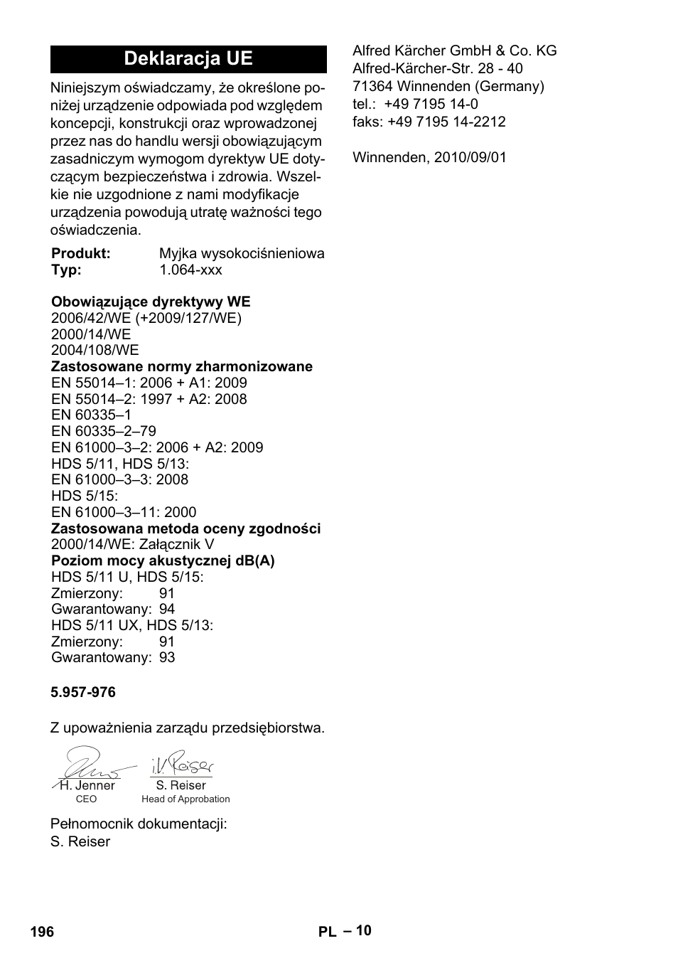 Deklaracja ue | Karcher HDS 5/11 U/UX User Manual | Page 196 / 296