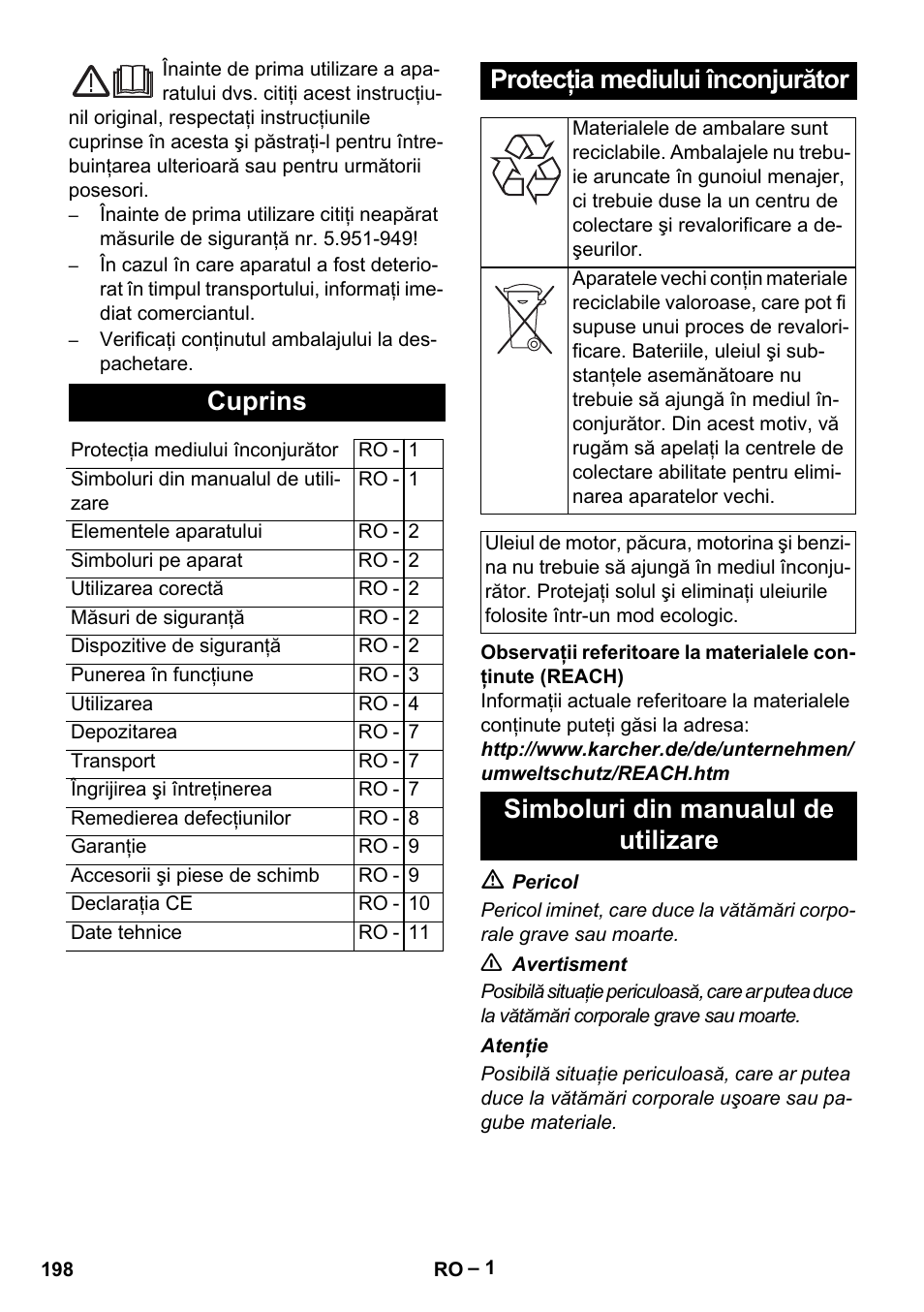 Româneşte, Românete, Cuprins | Protecţia mediului înconjurător, Simboluri din manualul de utilizare | Karcher HDS 5/11 U/UX User Manual | Page 198 / 296