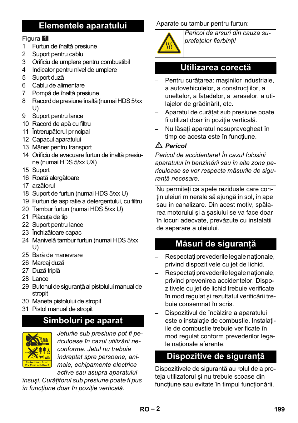 Elementele aparatului simboluri pe aparat, Utilizarea corectă, Măsuri de siguranţă dispozitive de siguranţă | Karcher HDS 5/11 U/UX User Manual | Page 199 / 296