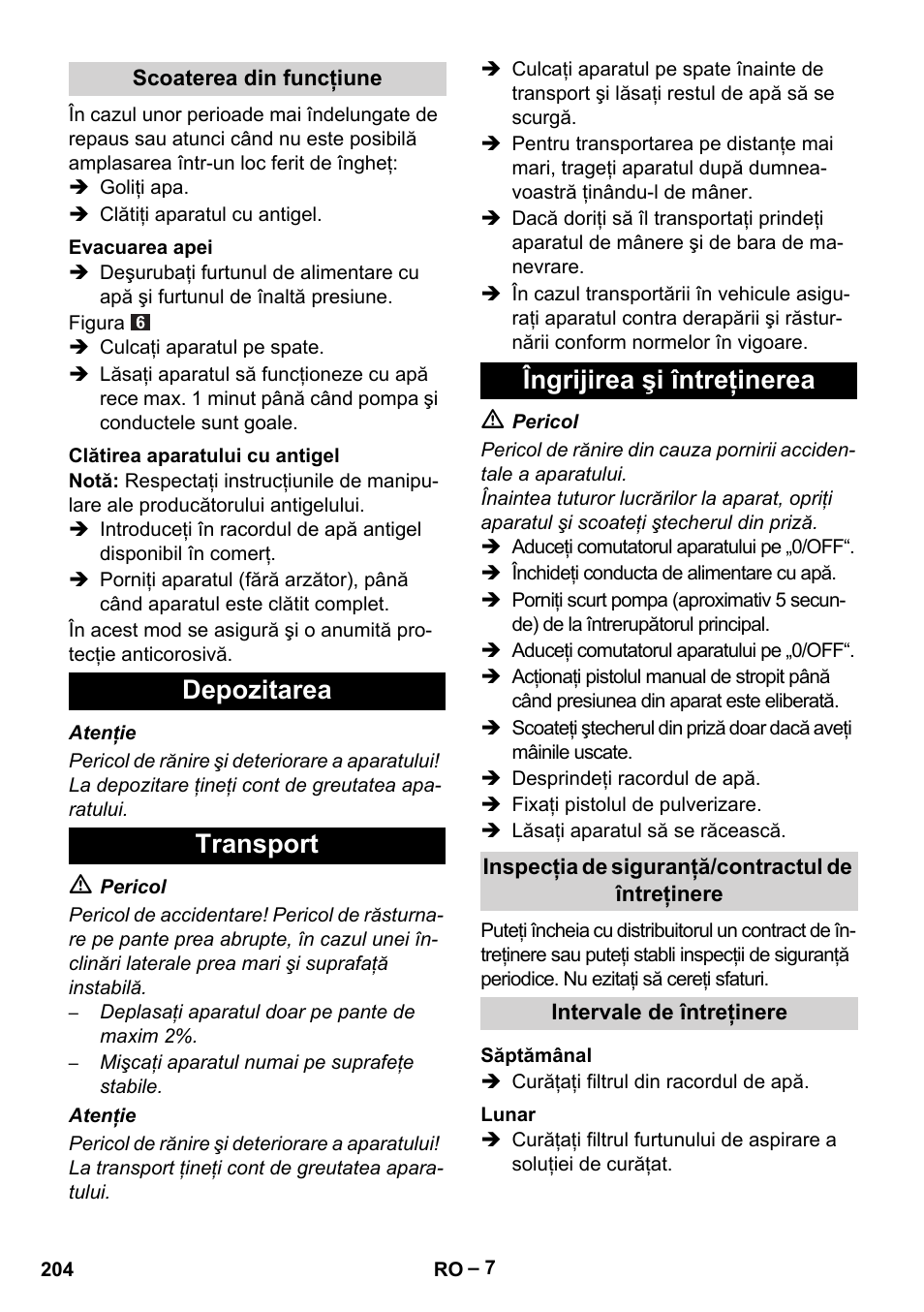 Depozitarea transport îngrijirea şi întreţinerea | Karcher HDS 5/11 U/UX User Manual | Page 204 / 296