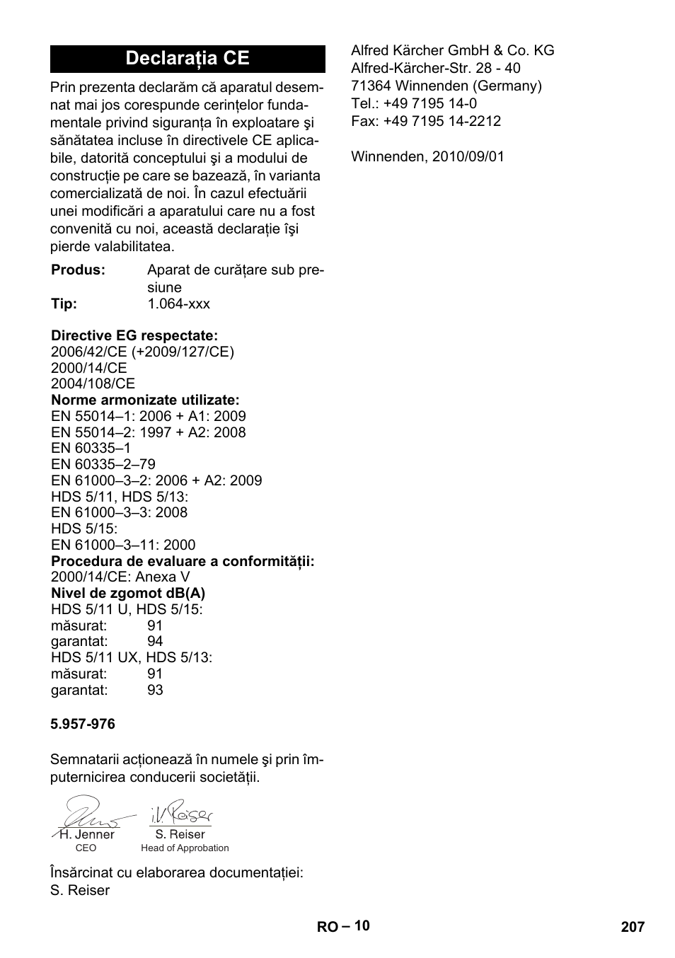 Declaraţia ce | Karcher HDS 5/11 U/UX User Manual | Page 207 / 296