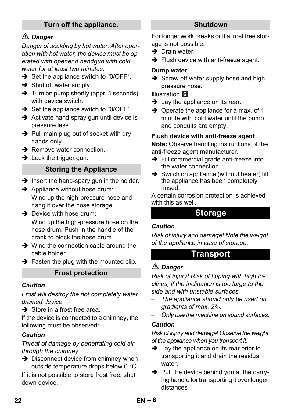 Storage transport | Karcher HDS 5/11 U/UX User Manual | Page 22 / 296