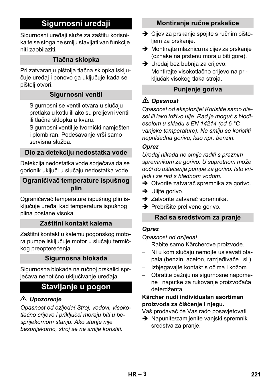 Sigurnosni uređaji, Stavljanje u pogon | Karcher HDS 5/11 U/UX User Manual | Page 221 / 296