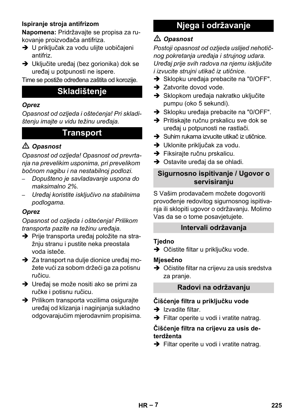 Skladištenje transport njega i održavanje | Karcher HDS 5/11 U/UX User Manual | Page 225 / 296