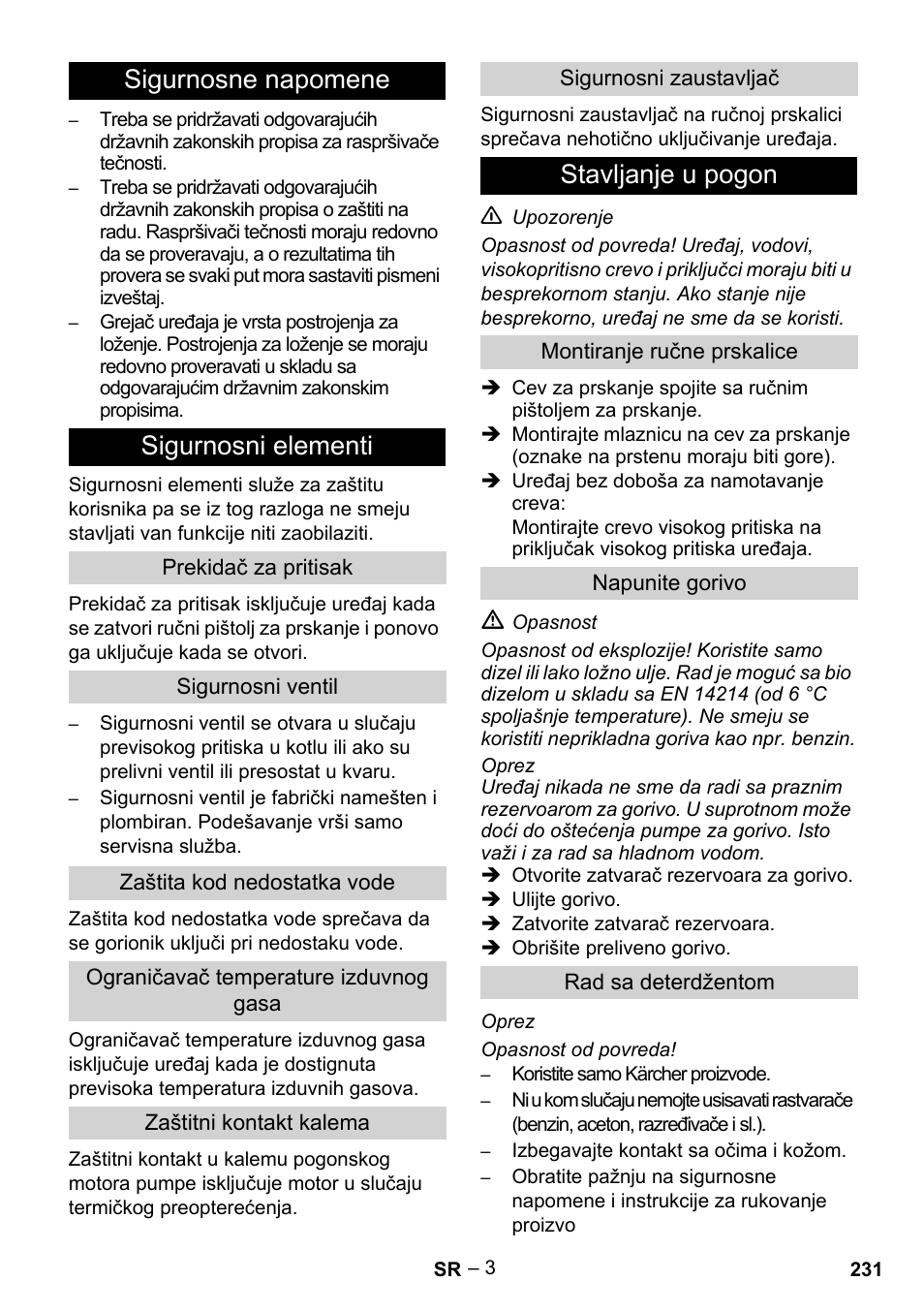 Sigurnosne napomene sigurnosni elementi, Stavljanje u pogon | Karcher HDS 5/11 U/UX User Manual | Page 231 / 296