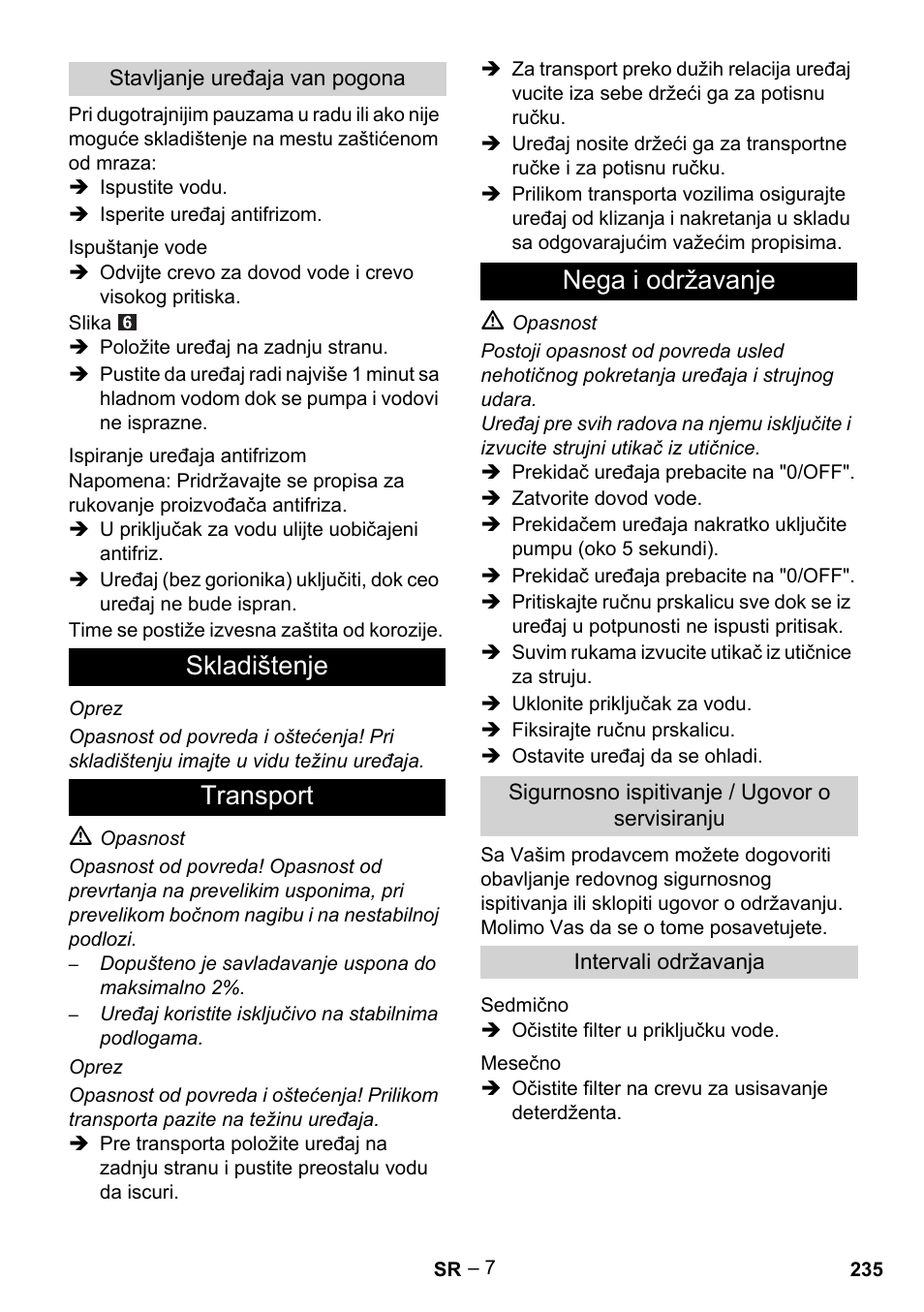 Skladištenje transport nega i održavanje | Karcher HDS 5/11 U/UX User Manual | Page 235 / 296