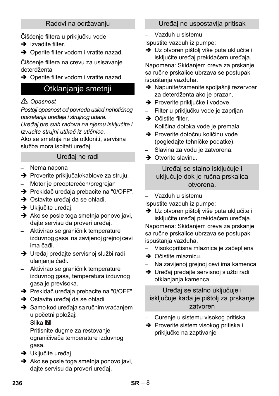 Otklanjanje smetnji | Karcher HDS 5/11 U/UX User Manual | Page 236 / 296