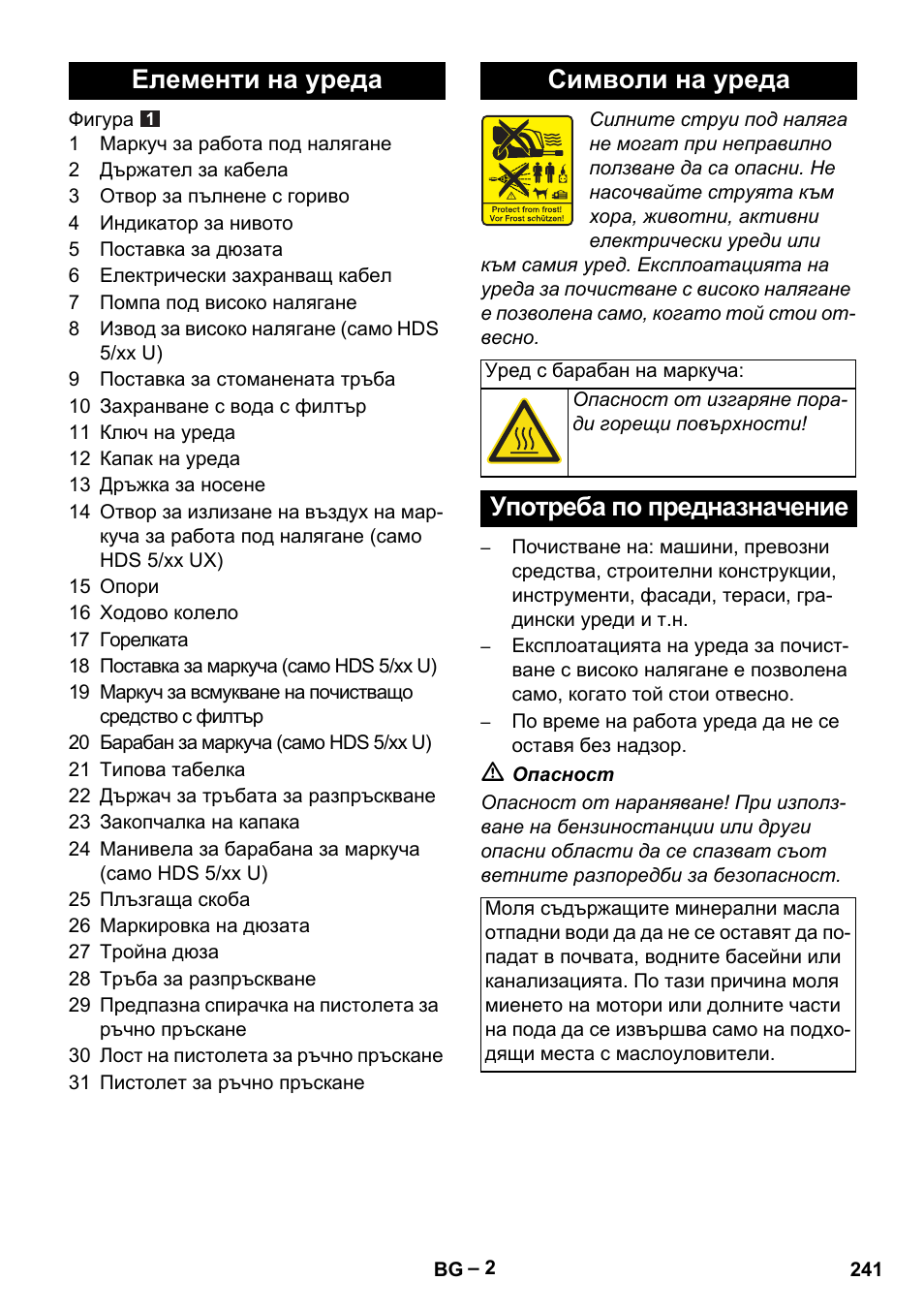 Елементи на уреда символи на уреда, Употреба по предназначение | Karcher HDS 5/11 U/UX User Manual | Page 241 / 296
