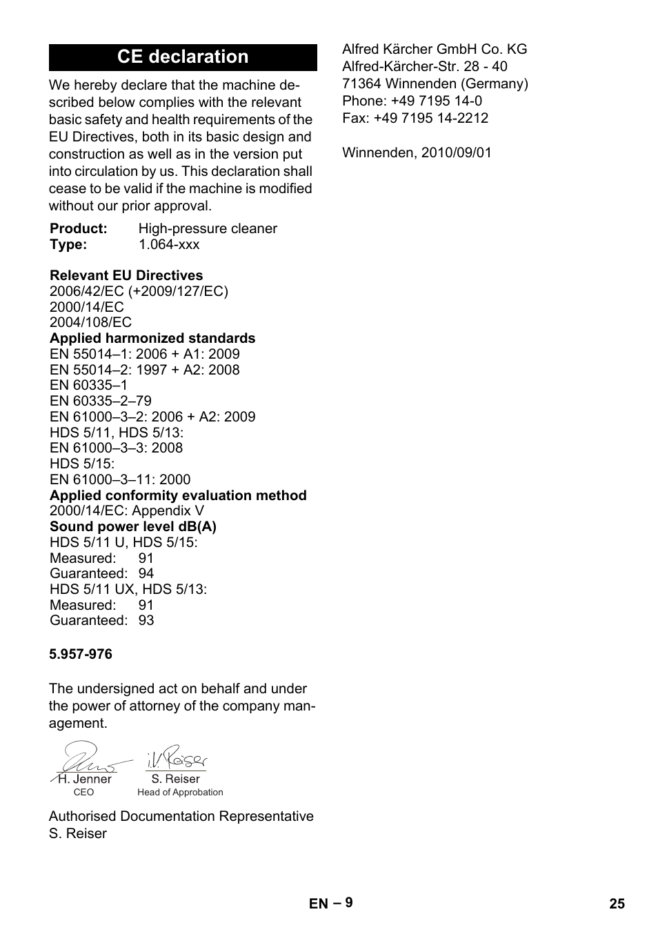 Ce declaration | Karcher HDS 5/11 U/UX User Manual | Page 25 / 296