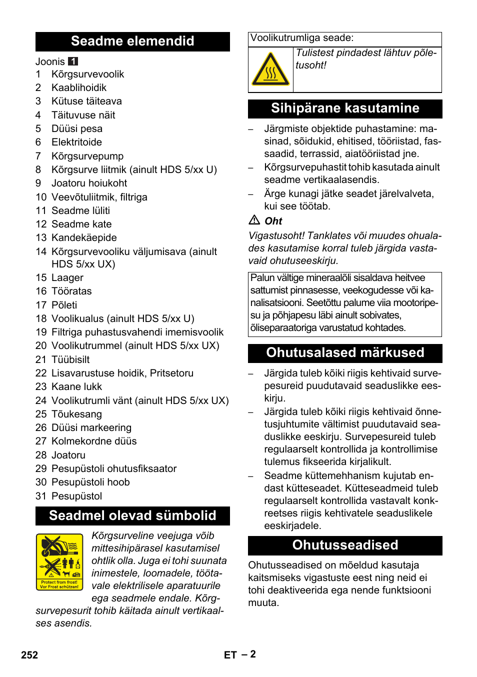 Seadme elemendid seadmel olevad sümbolid, Sihipärane kasutamine, Ohutusalased märkused ohutusseadised | Karcher HDS 5/11 U/UX User Manual | Page 252 / 296