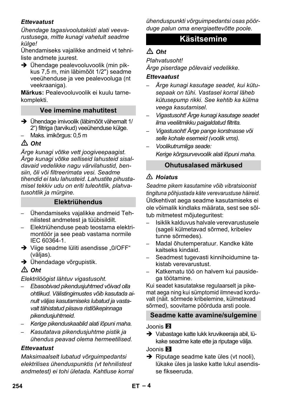 Käsitsemine | Karcher HDS 5/11 U/UX User Manual | Page 254 / 296