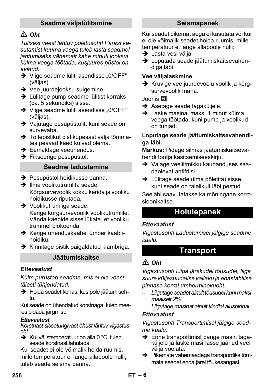Hoiulepanek transport | Karcher HDS 5/11 U/UX User Manual | Page 256 / 296