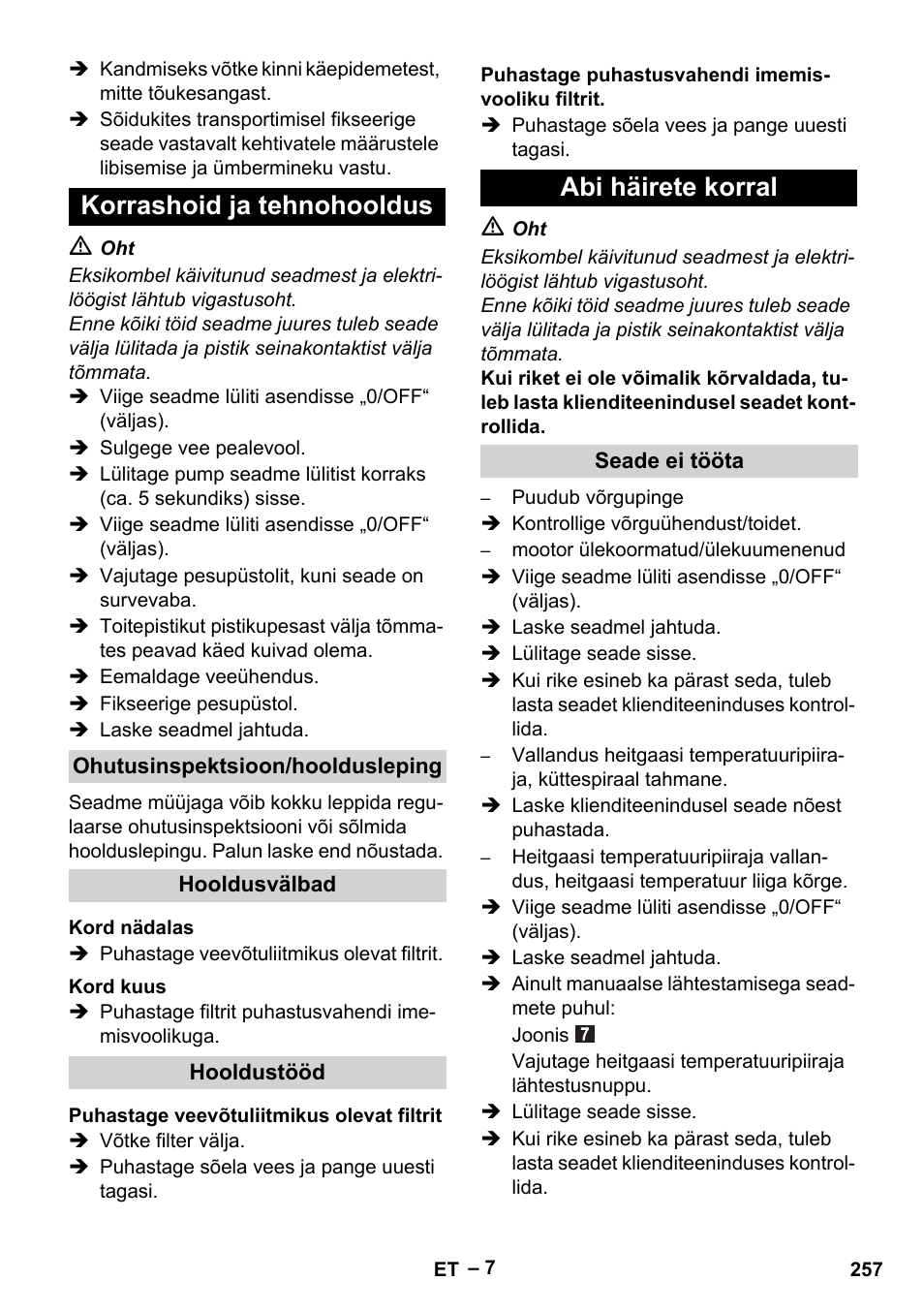 Korrashoid ja tehnohooldus, Abi häirete korral | Karcher HDS 5/11 U/UX User Manual | Page 257 / 296