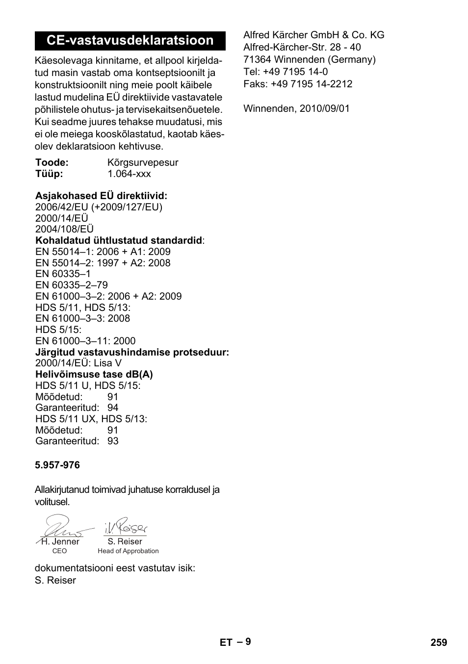 Ce-vastavusdeklaratsioon | Karcher HDS 5/11 U/UX User Manual | Page 259 / 296