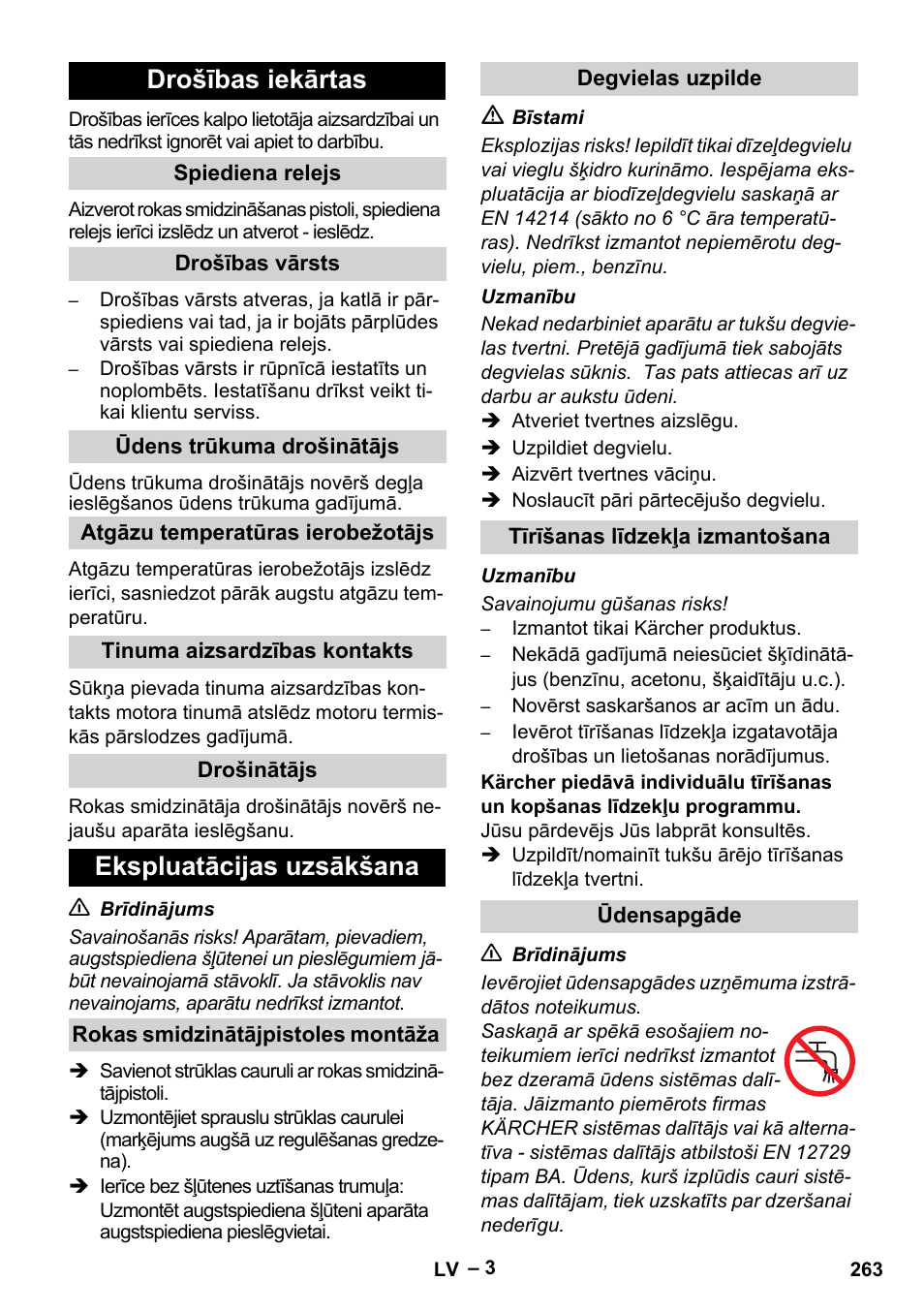 Drošības iekārtas, Ekspluatācijas uzsākšana | Karcher HDS 5/11 U/UX User Manual | Page 263 / 296