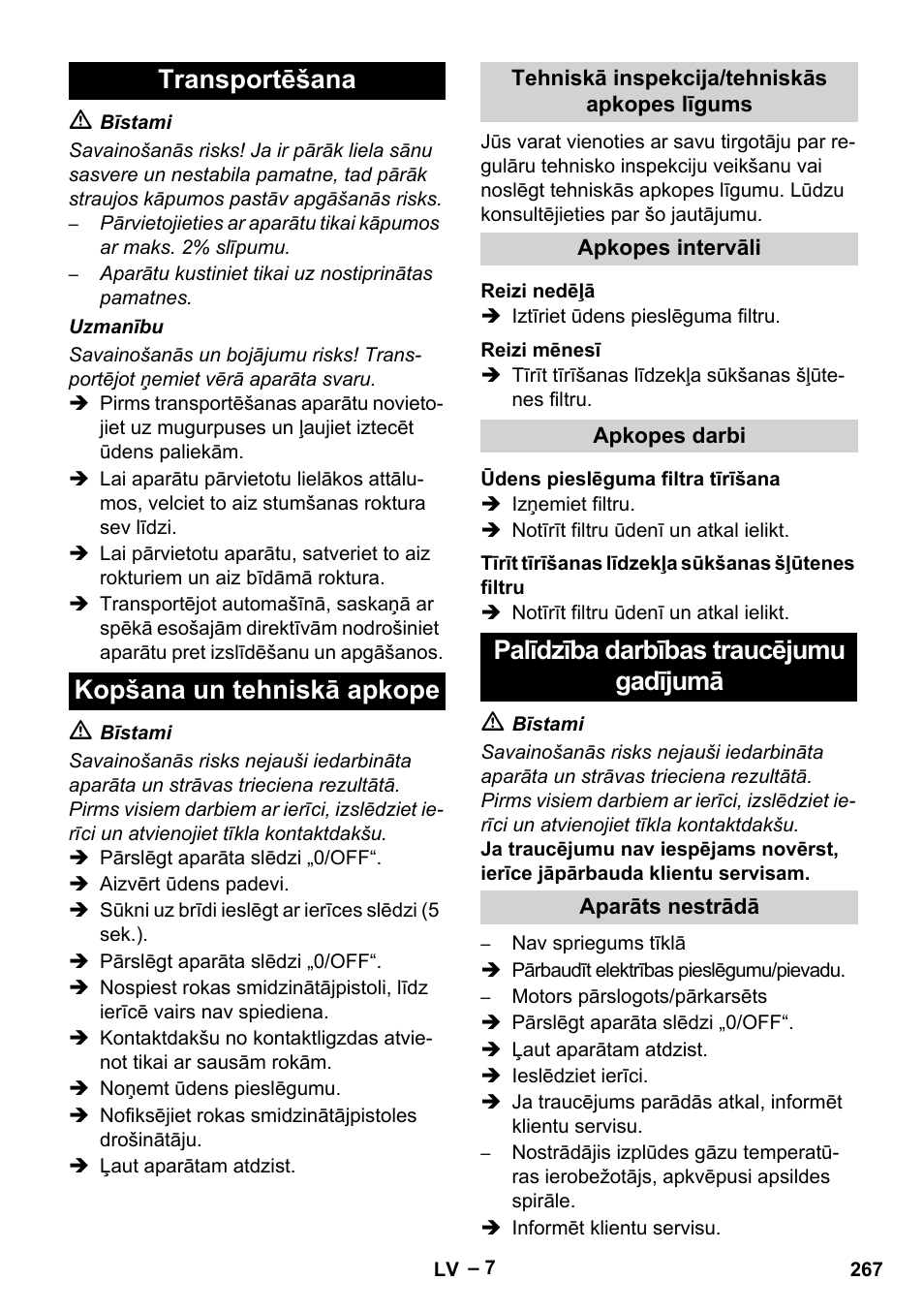 Transportēšana kopšana un tehniskā apkope, Palīdzība darbības traucējumu gadījumā | Karcher HDS 5/11 U/UX User Manual | Page 267 / 296