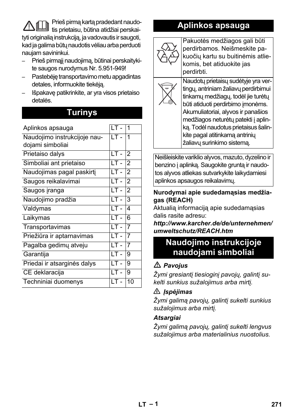 Lietuviškai, Turinys, Aplinkos apsauga | Naudojimo instrukcijoje naudojami simboliai | Karcher HDS 5/11 U/UX User Manual | Page 271 / 296