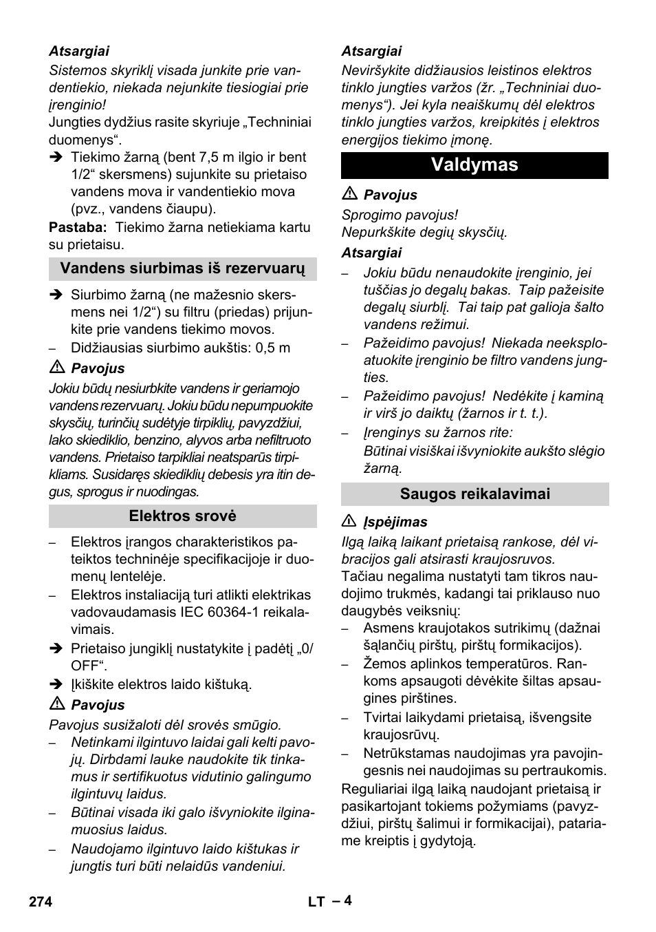 Valdymas | Karcher HDS 5/11 U/UX User Manual | Page 274 / 296