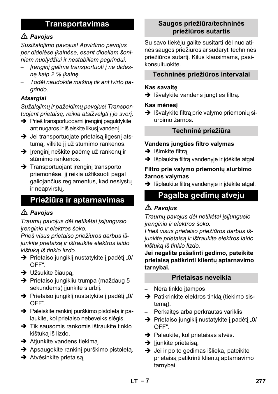 Transportavimas priežiūra ir aptarnavimas, Pagalba gedimų atveju | Karcher HDS 5/11 U/UX User Manual | Page 277 / 296