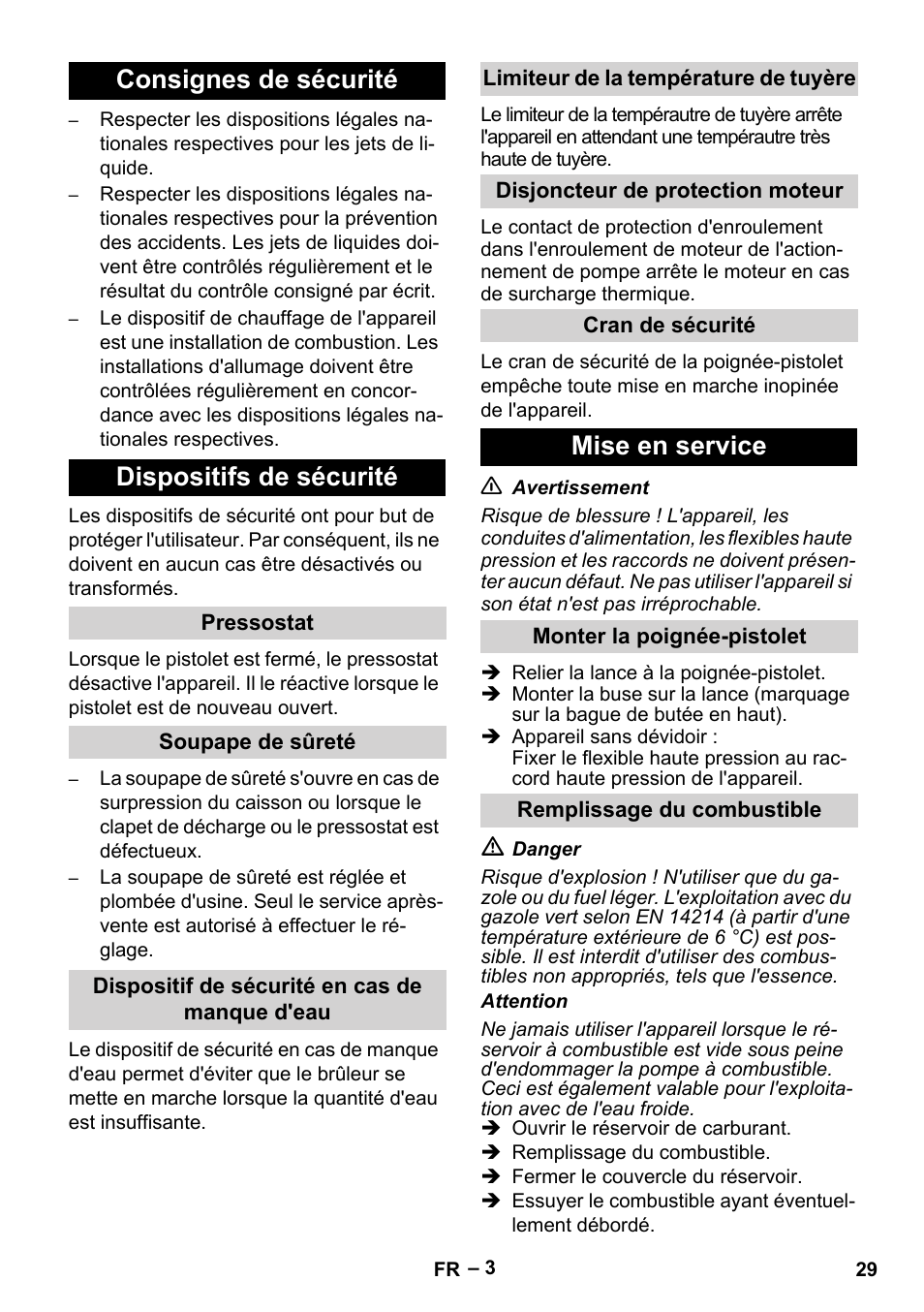 Consignes de sécurité dispositifs de sécurité, Mise en service | Karcher HDS 5/11 U/UX User Manual | Page 29 / 296
