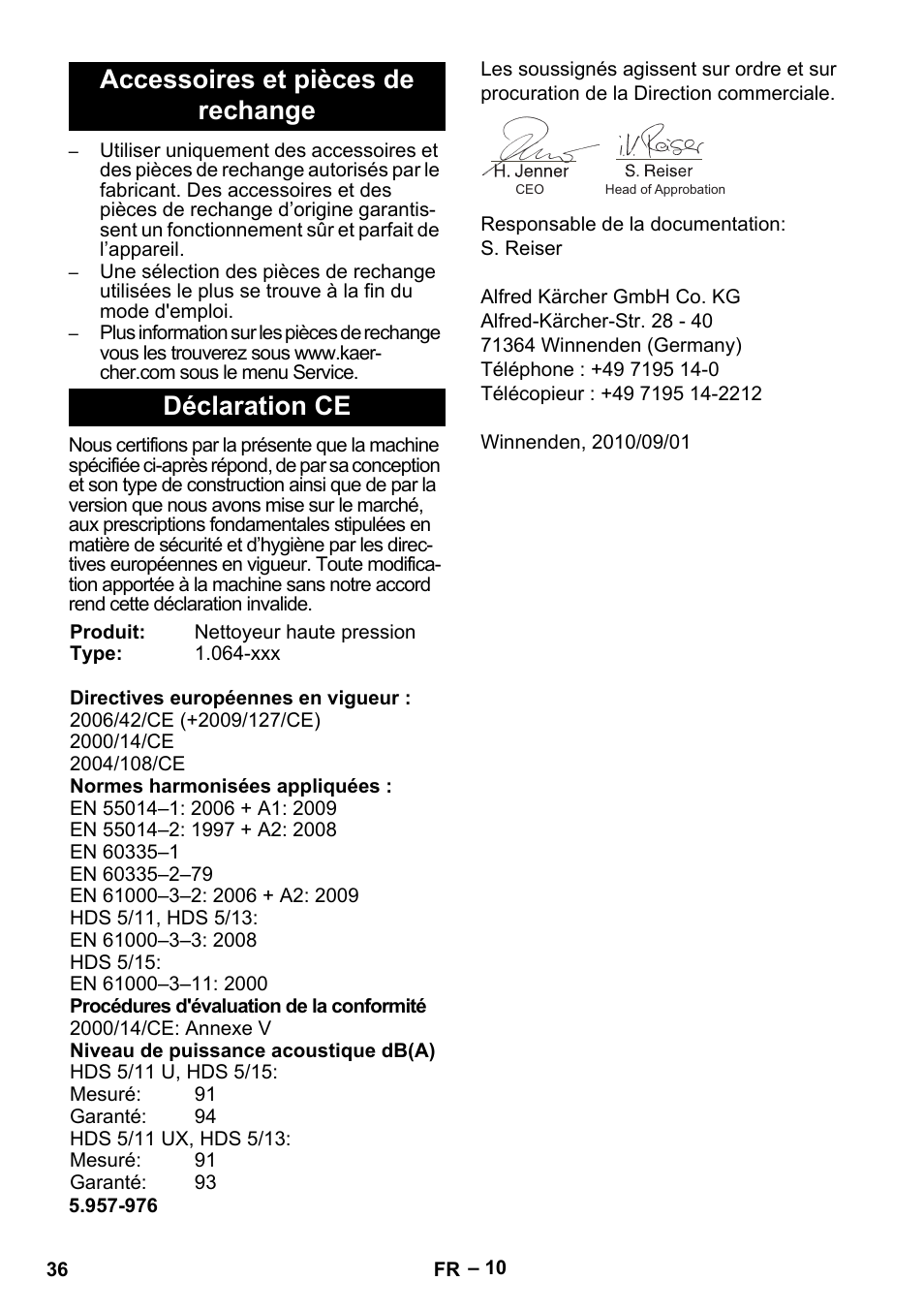 Accessoires et pièces de rechange déclaration ce | Karcher HDS 5/11 U/UX User Manual | Page 36 / 296