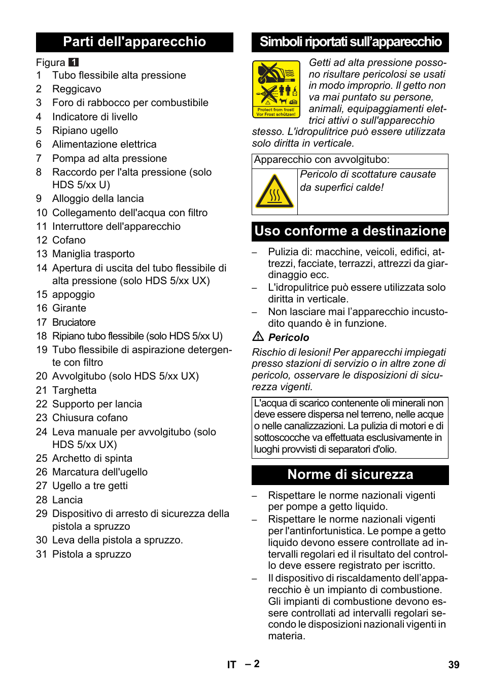 Uso conforme a destinazione, Norme di sicurezza | Karcher HDS 5/11 U/UX User Manual | Page 39 / 296