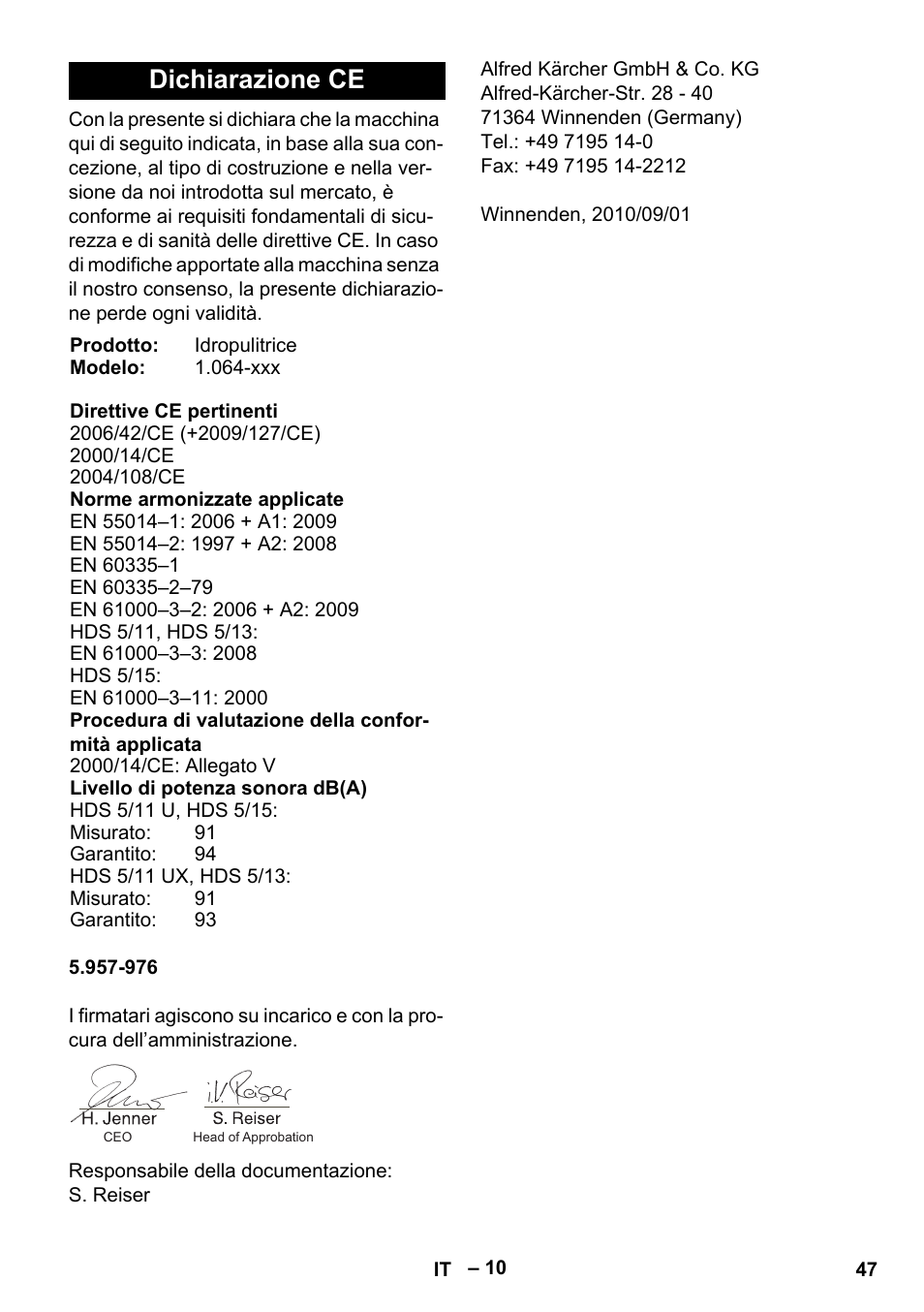 Dichiarazione ce | Karcher HDS 5/11 U/UX User Manual | Page 47 / 296