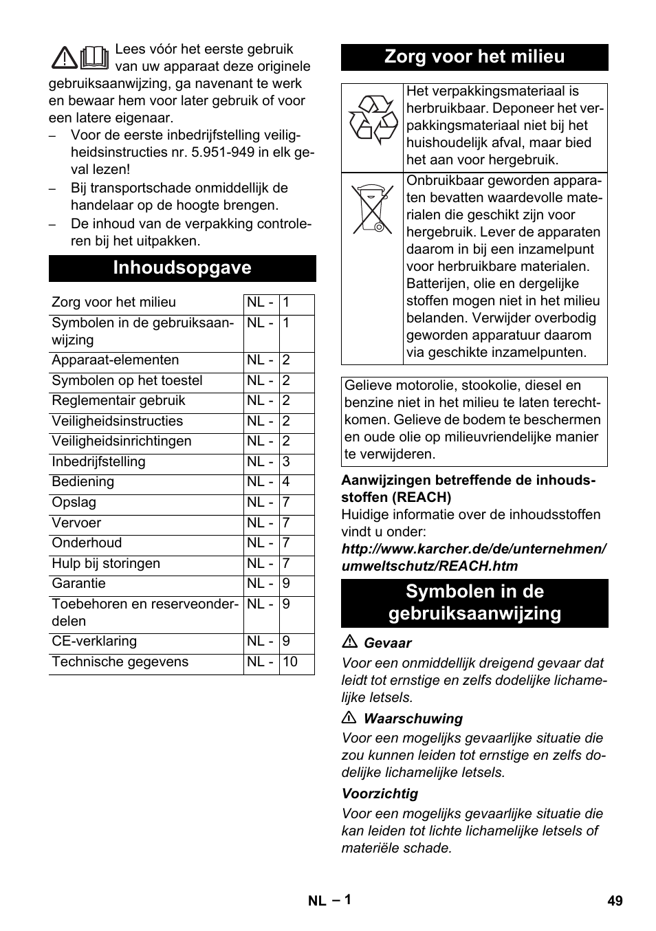 Nederlands, Inhoudsopgave, Zorg voor het milieu | Symbolen in de gebruiksaanwijzing | Karcher HDS 5/11 U/UX User Manual | Page 49 / 296