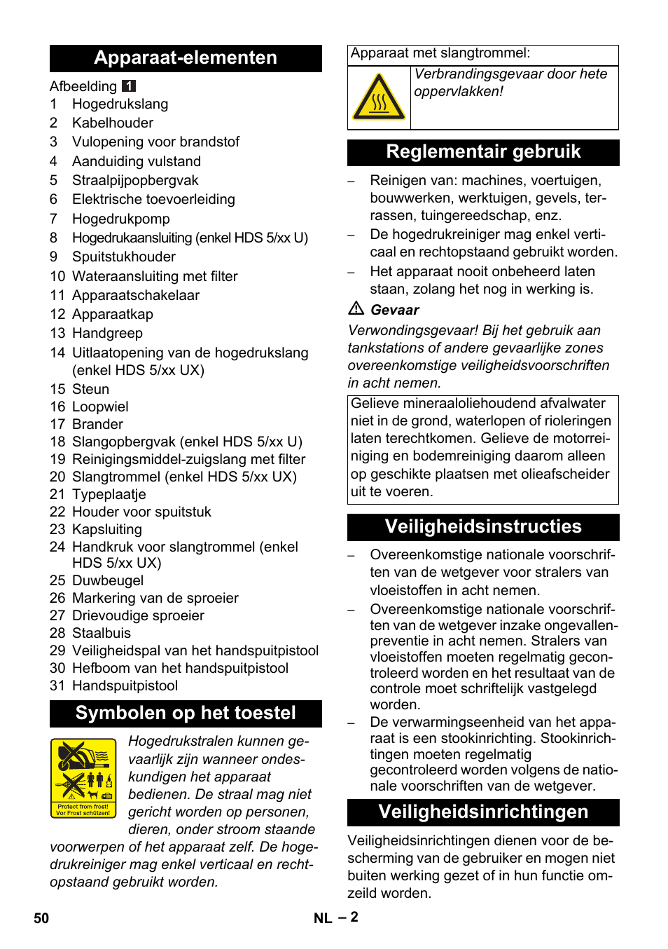 Apparaat-elementen symbolen op het toestel, Reglementair gebruik, Veiligheidsinstructies veiligheidsinrichtingen | Karcher HDS 5/11 U/UX User Manual | Page 50 / 296