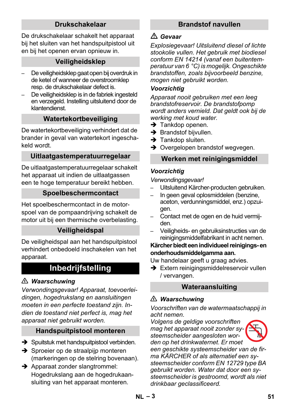 Inbedrijfstelling | Karcher HDS 5/11 U/UX User Manual | Page 51 / 296