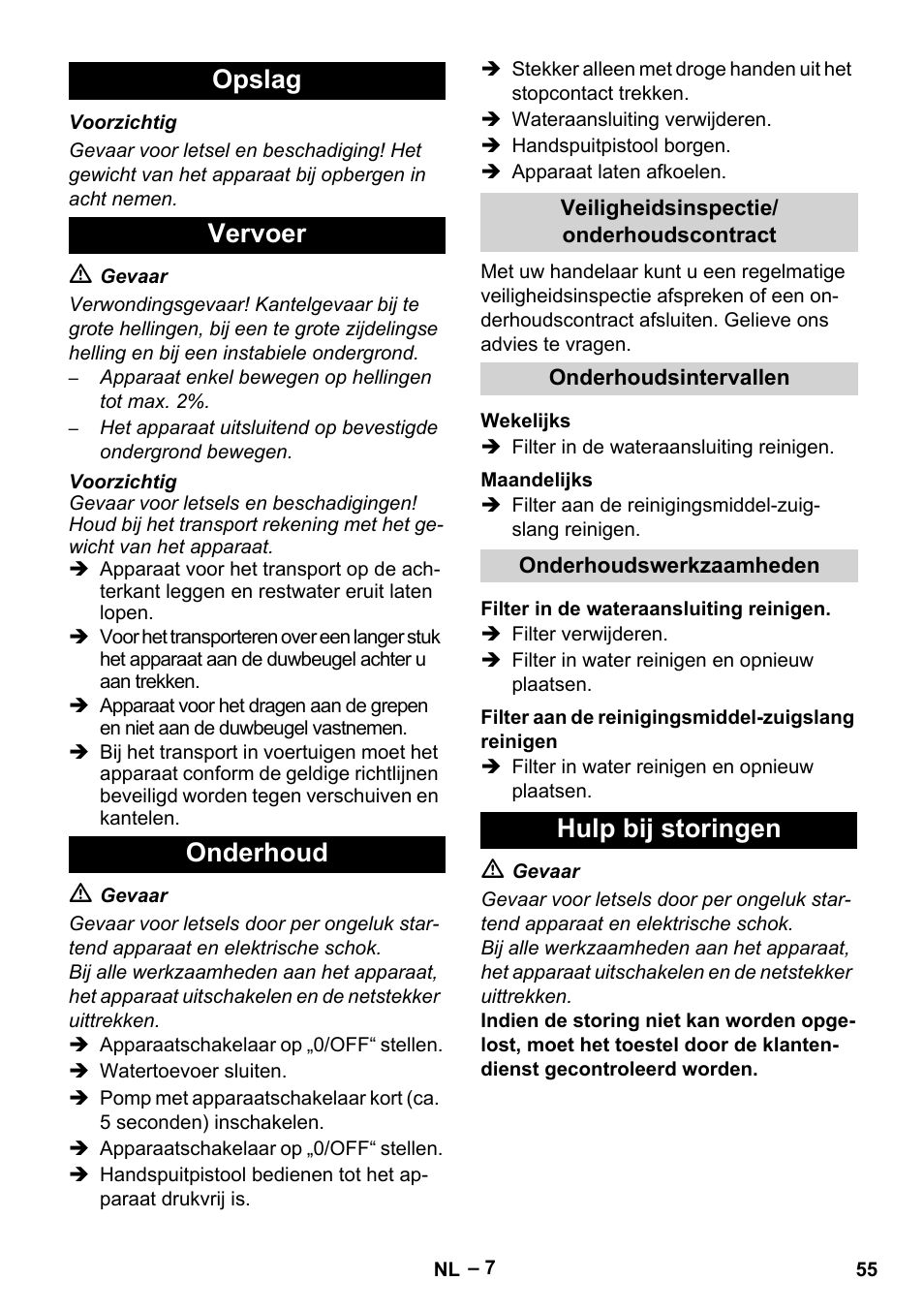 Opslag vervoer onderhoud, Hulp bij storingen | Karcher HDS 5/11 U/UX User Manual | Page 55 / 296