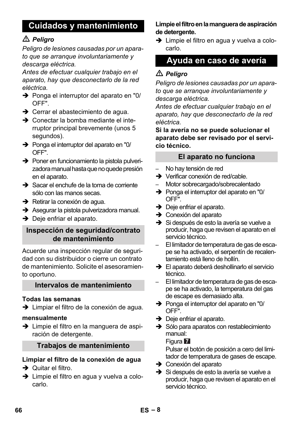 Cuidados y mantenimiento, Ayuda en caso de avería | Karcher HDS 5/11 U/UX User Manual | Page 66 / 296