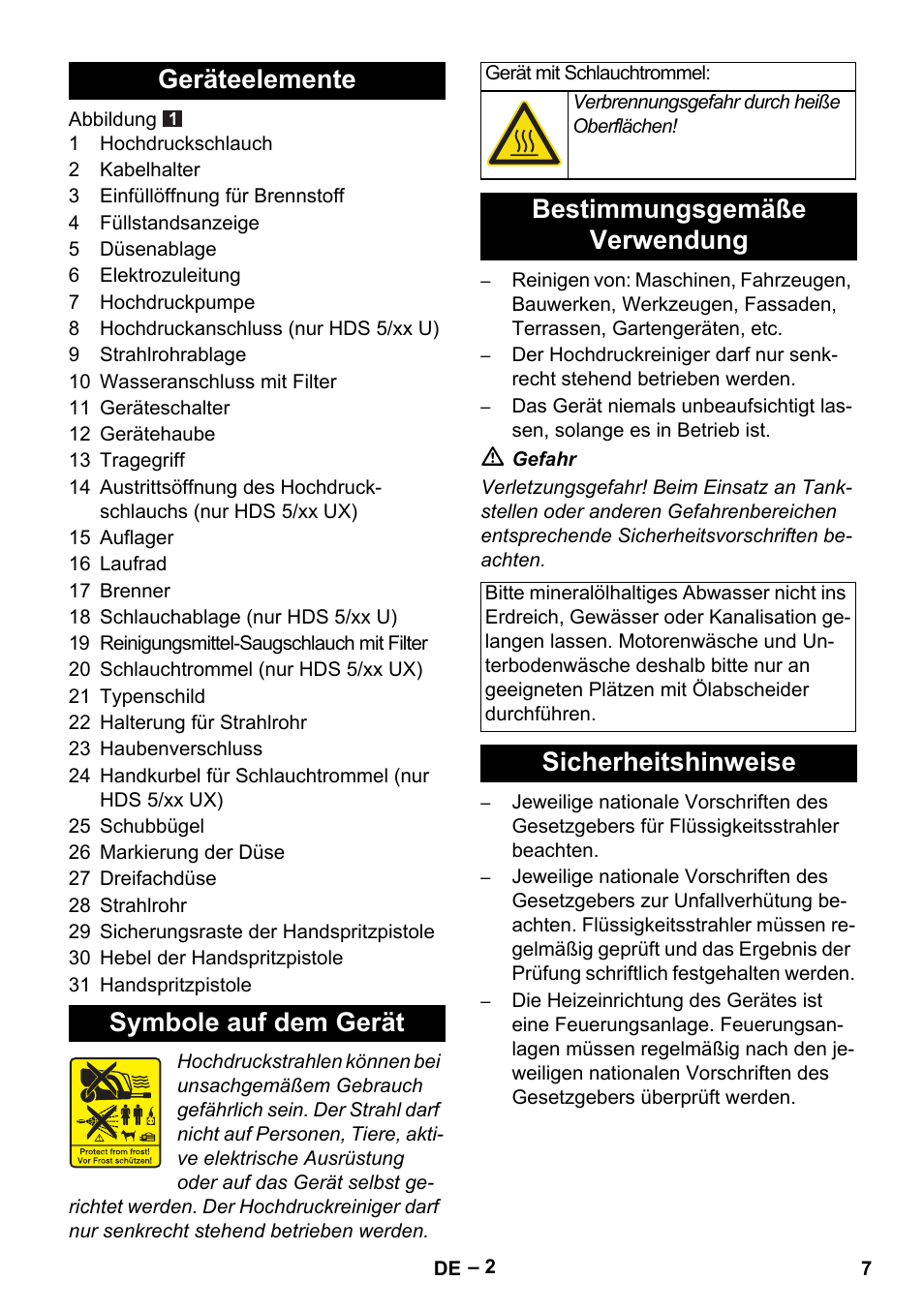 Geräteelemente symbole auf dem gerät, Bestimmungsgemäße verwendung, Sicherheitshinweise | Karcher HDS 5/11 U/UX User Manual | Page 7 / 296