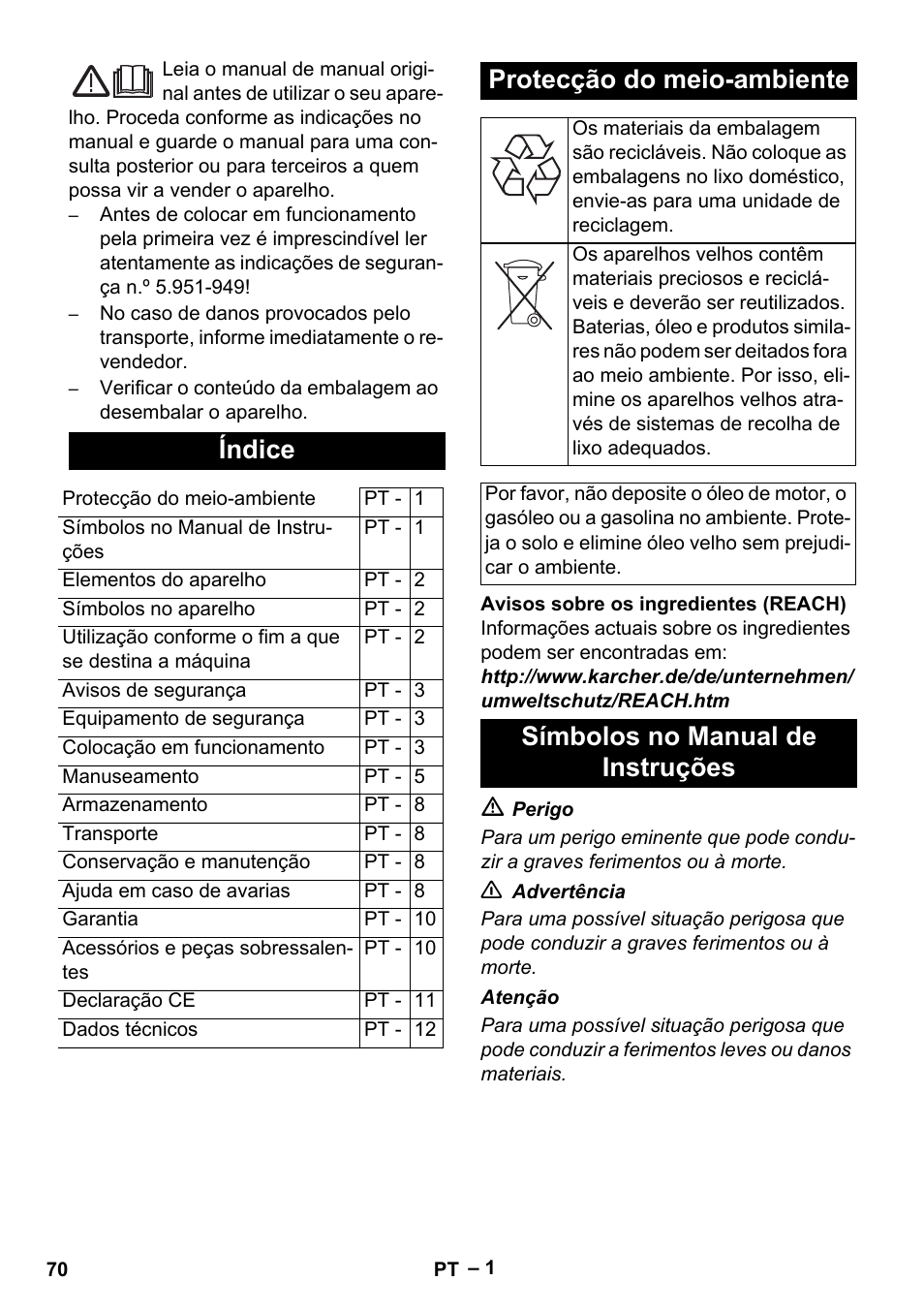 Português, Índice, Protecção do meio-ambiente | Símbolos no manual de instruções | Karcher HDS 5/11 U/UX User Manual | Page 70 / 296