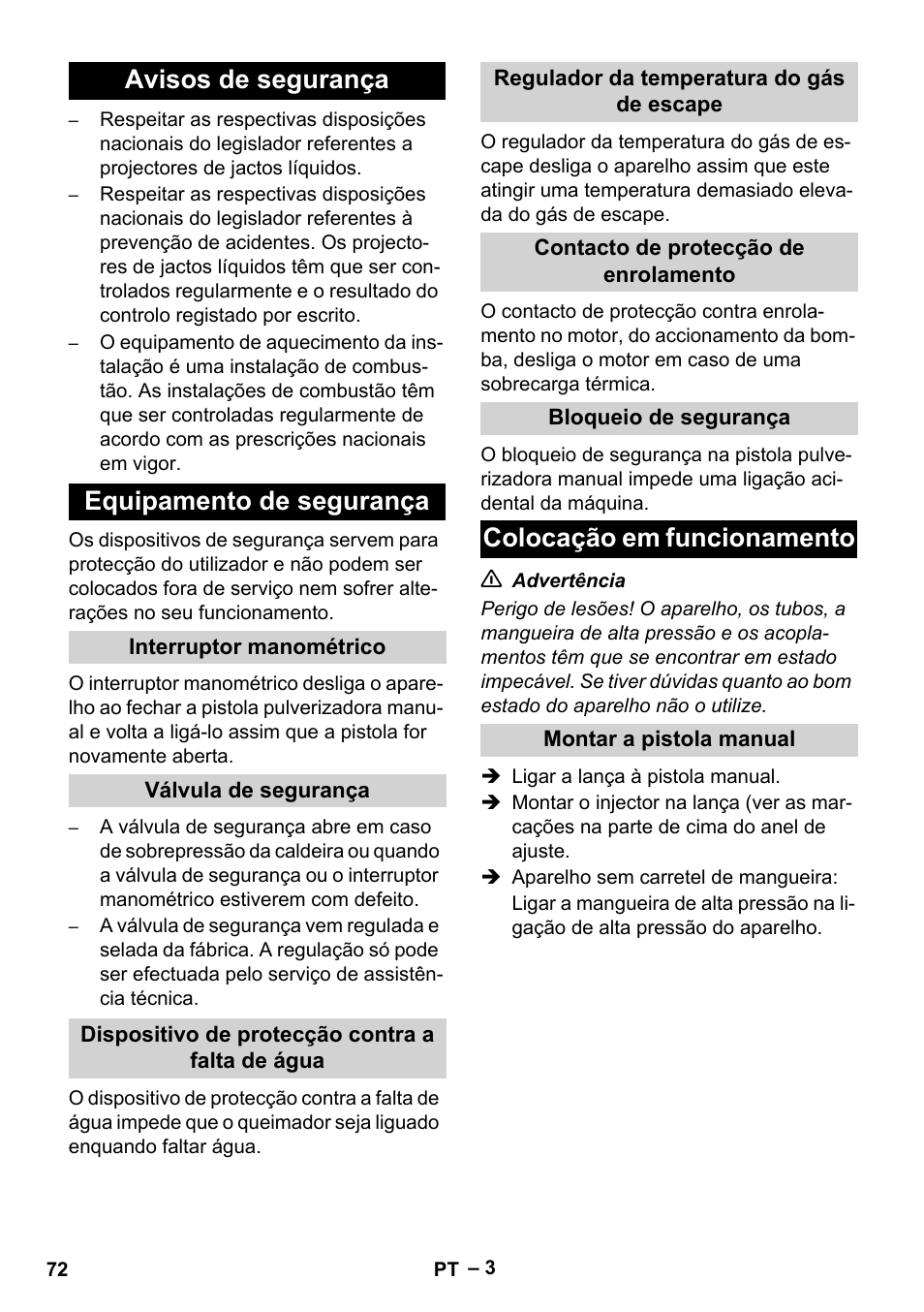 Avisos de segurança equipamento de segurança, Colocação em funcionamento | Karcher HDS 5/11 U/UX User Manual | Page 72 / 296