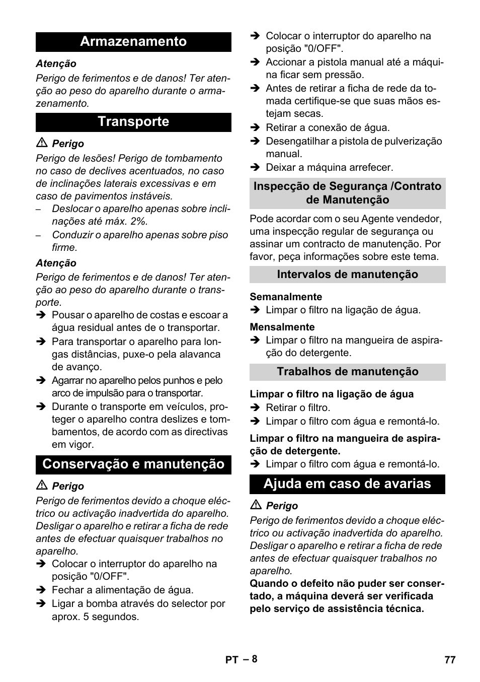 Armazenamento transporte conservação e manutenção, Ajuda em caso de avarias | Karcher HDS 5/11 U/UX User Manual | Page 77 / 296