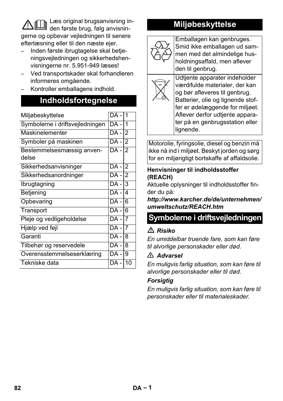 Dansk, Indholdsfortegnelse, Miljøbeskyttelse | Symbolerne i driftsvejledningen | Karcher HDS 5/11 U/UX User Manual | Page 82 / 296