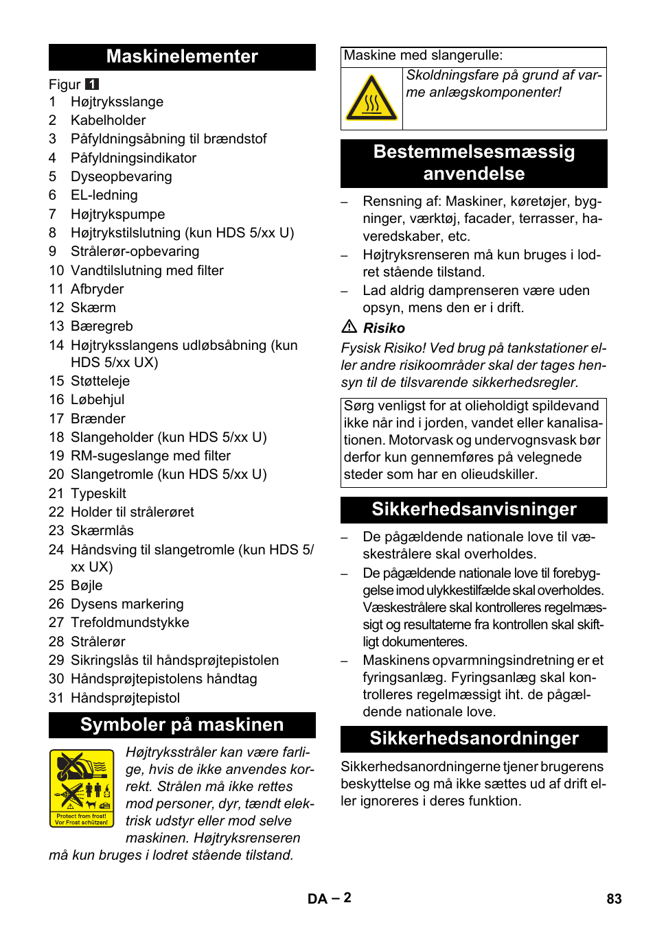 Maskinelementer symboler på maskinen, Bestemmelsesmæssig anvendelse, Sikkerhedsanvisninger sikkerhedsanordninger | Karcher HDS 5/11 U/UX User Manual | Page 83 / 296